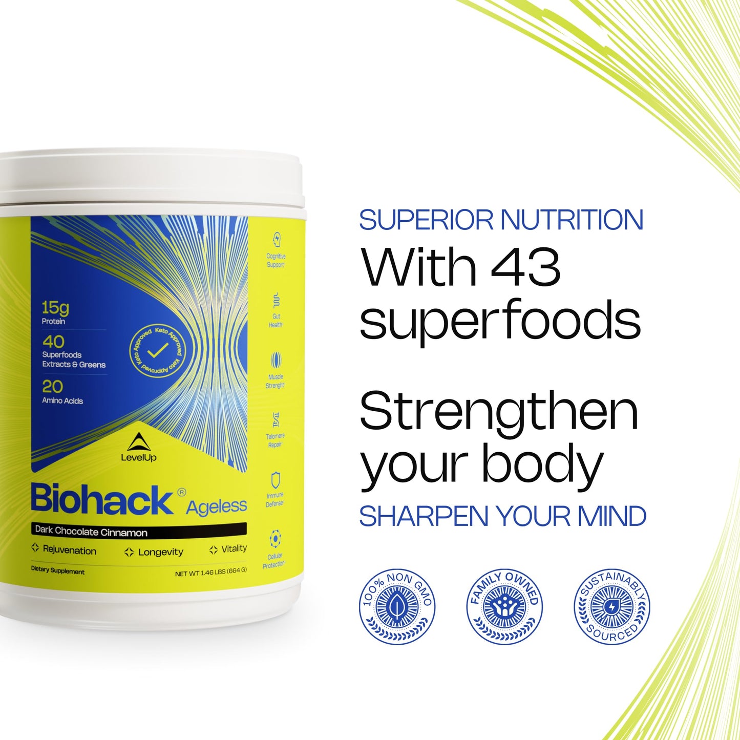 LevelUp Biohack Ageless: Colostrum Collagen Superfoods Antioxidants Spermidine Amino Acids Creatine for Women and Men, Total Body Rejuvenation (Dark Chocolate Cinnamon) Powder 23.36