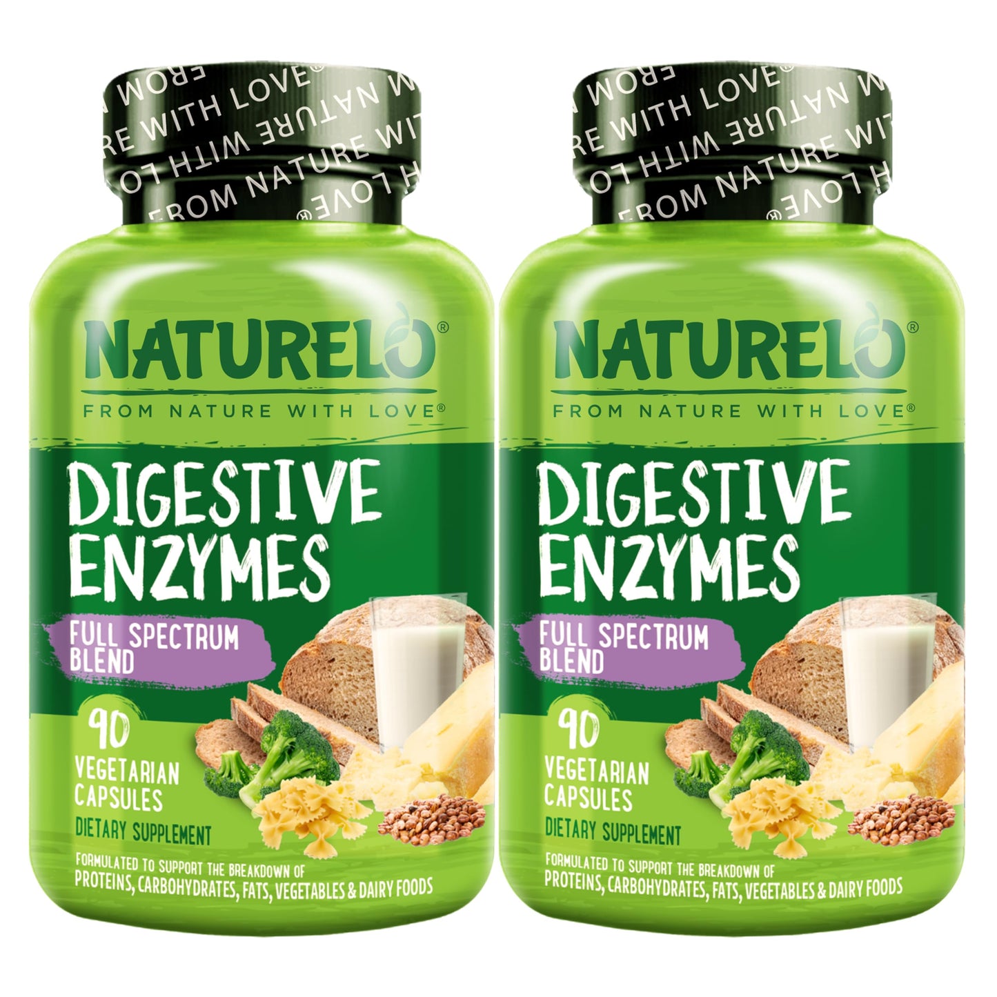 NATURELO Digestive Enzymes Full Spectrum Support with a Broad Blend of 15 Enzymes Plus Ginger Capsules, 180 Count