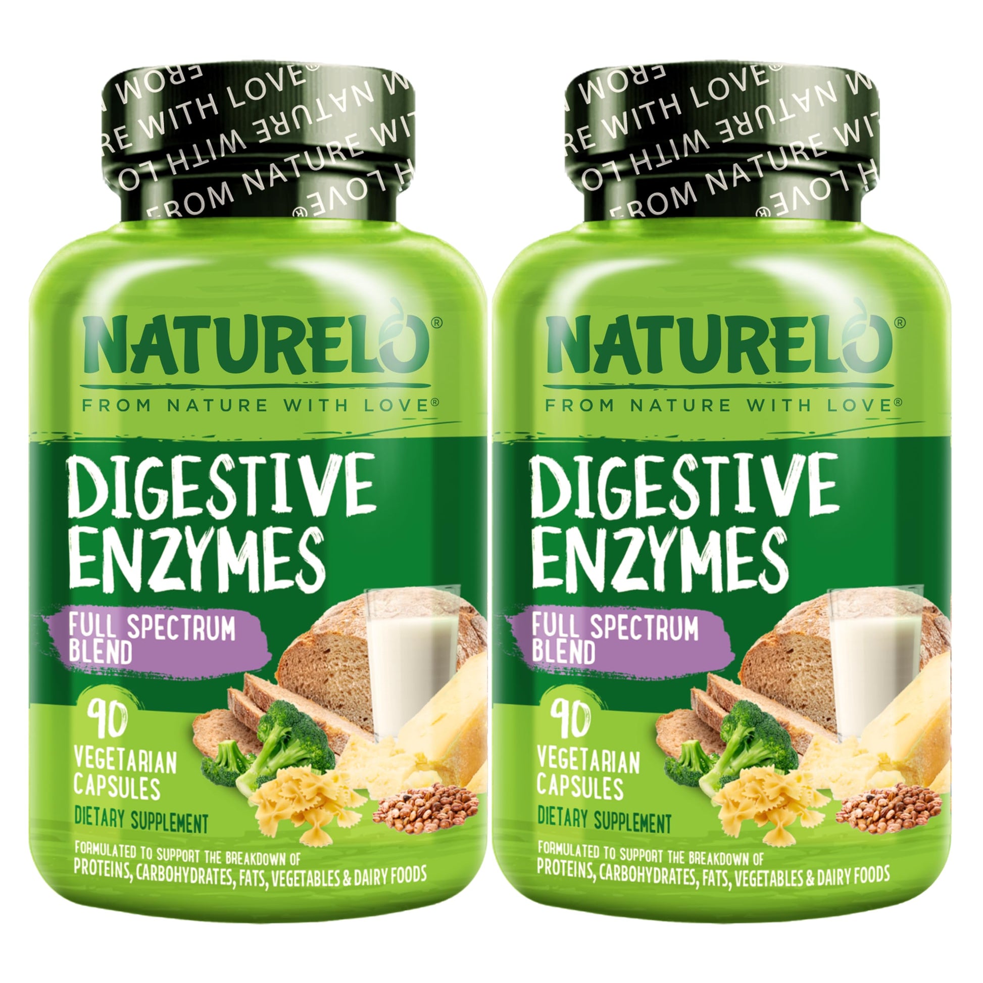 NATURELO Digestive Enzymes Full Spectrum Support with a Broad Blend of 15 Enzymes Plus Ginger Capsules, 180 Count