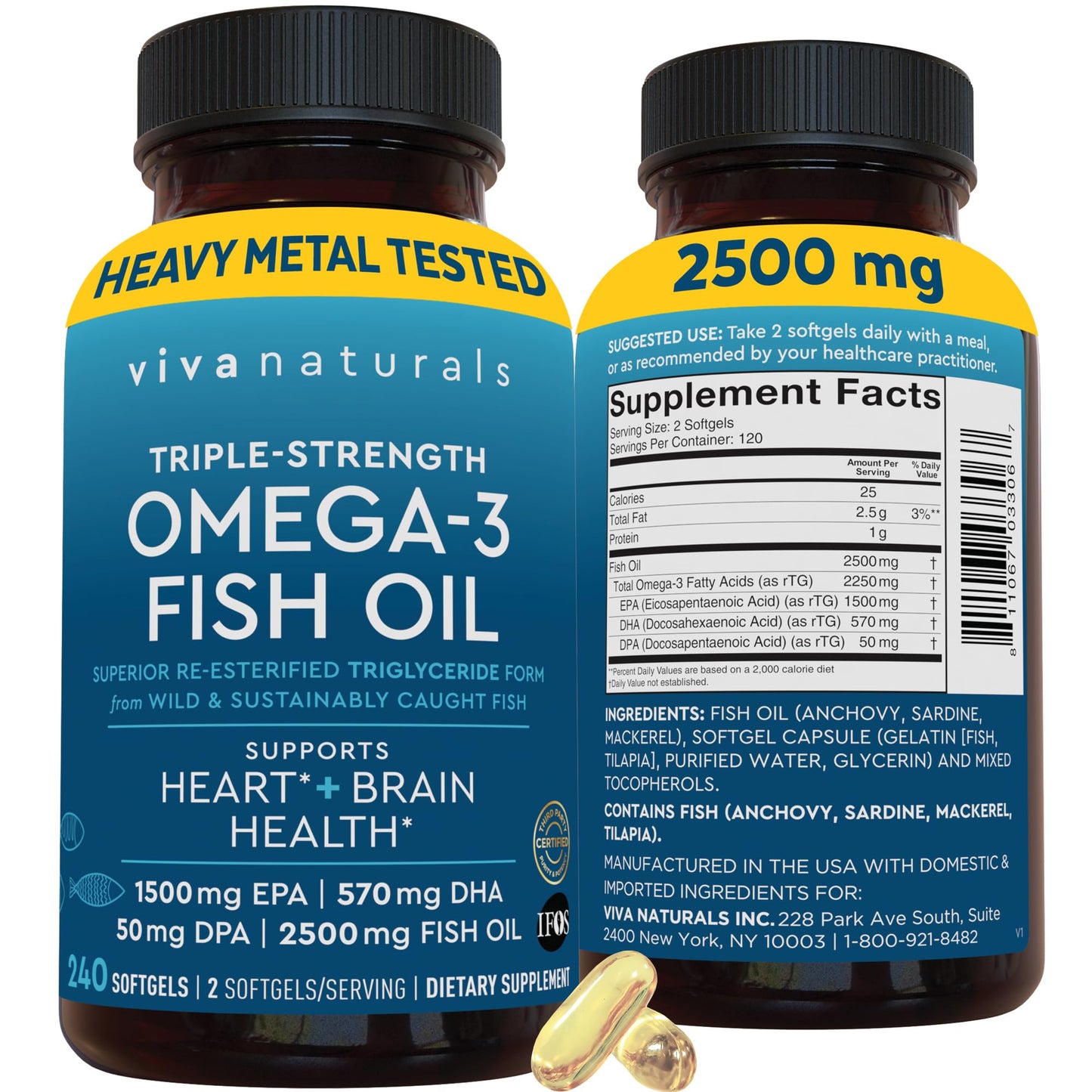 Viva Naturals Omega 3 Fish Oil Supplement Softgels 240 Count