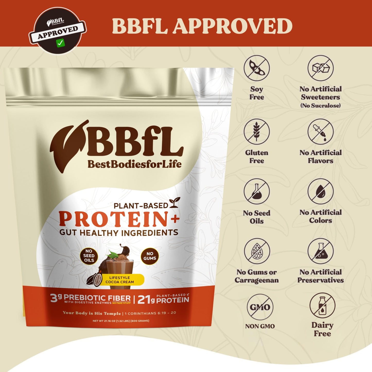 BBfL Plant-Based Protein Shake Powder, 20.48 oz, 15 Servings