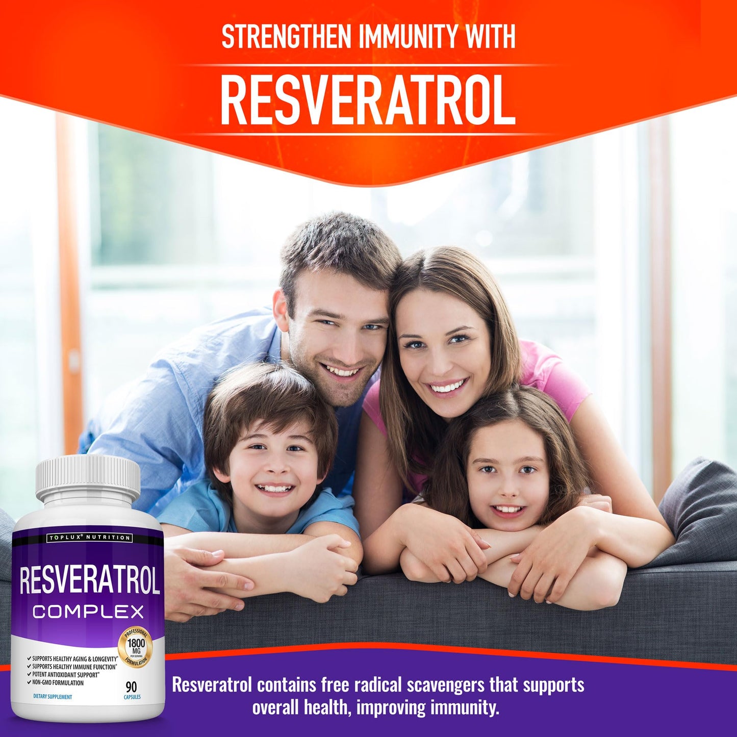 Toplux Resveratrol Supplement 1800 mg Antioxidant Complex - Highly Potent Natural Trans-Resveratrol Pills for Healthy Aging, Overall Health Support, Immune System, Brain Function, for Men Women, 90 Capsules