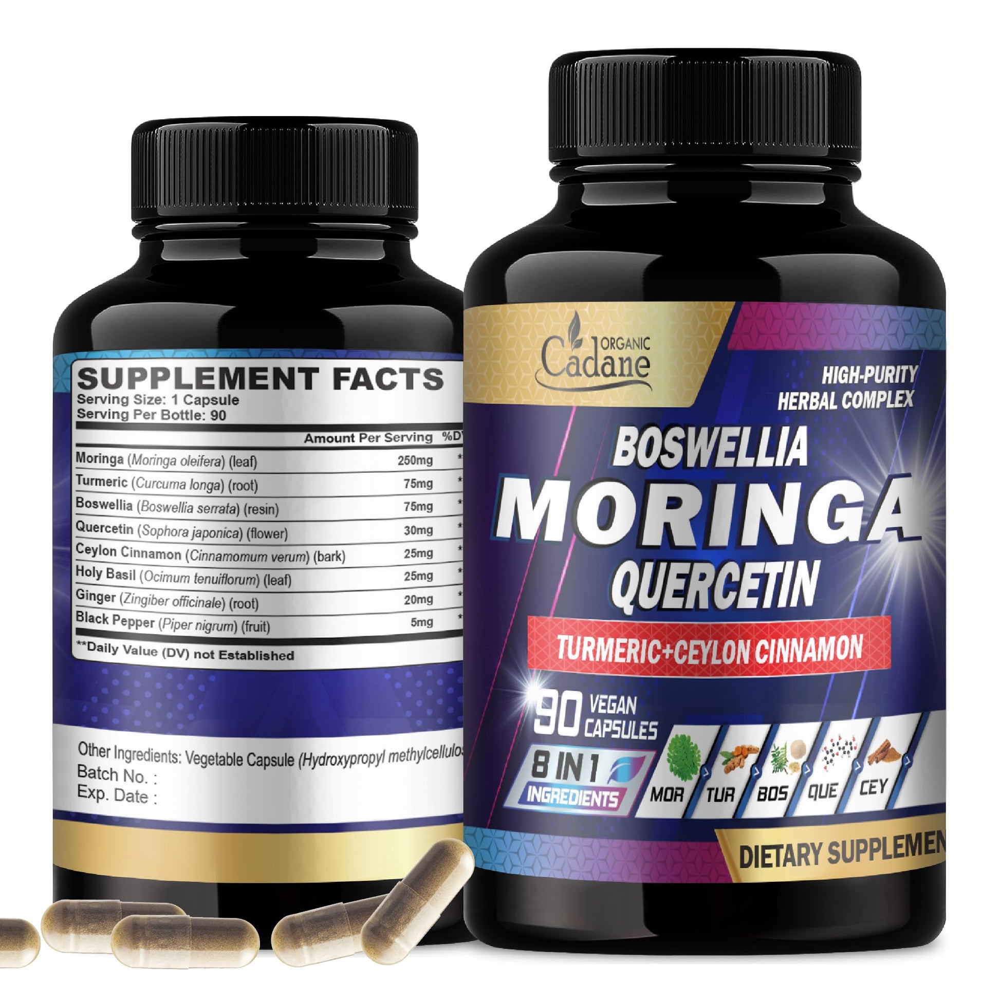 Organic Cadane Moringa Leaf with Turmeric, Boswellia, Quercetin, Ceylon Cinnamon, Holy Basil, Ginger, and Black Pepper 90 Capsules