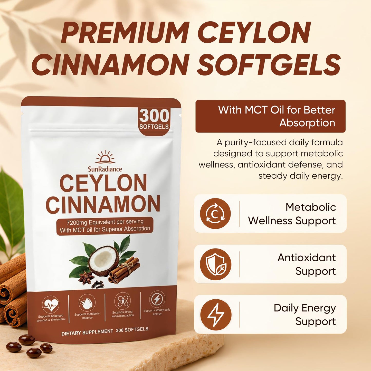 Sun Radiance Ceylon Cinnamon Softgels 600mg with MCT Oil - High Bioavailability Digestive Comfort & Overall Wellness, 300 Softgels