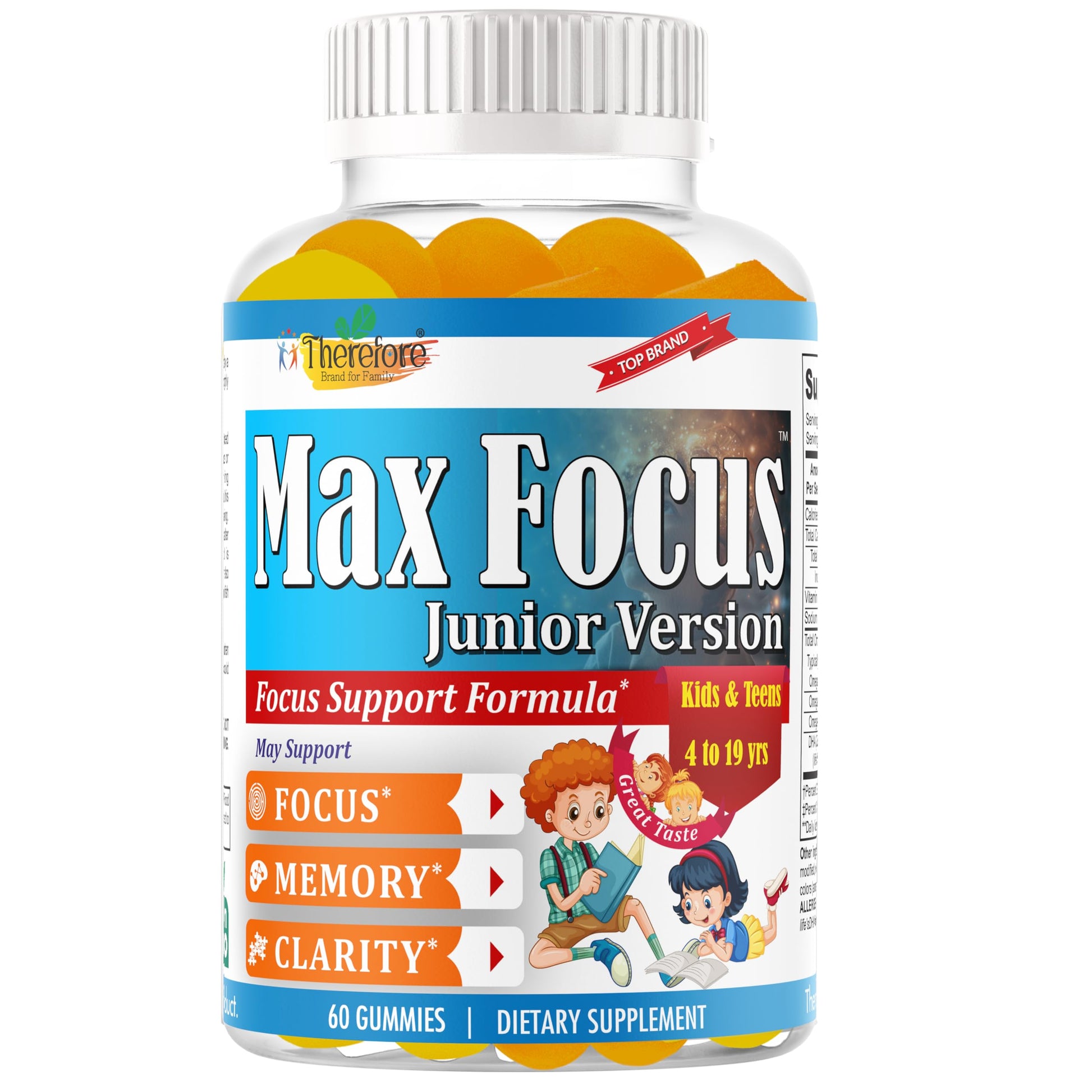 Therefore Max Focus Gummies for Kids & Teens, Omega-3 DHA Brain Support - 60 Gummies