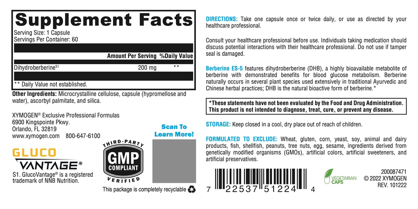 XYMOGEN Berberine ES-5 200 mg Dihydroberberine Supplement - Metabolic & Lipid Metabolism Support - Vegan, Non-GMO & Gluten-Free Capsules, 60 Count