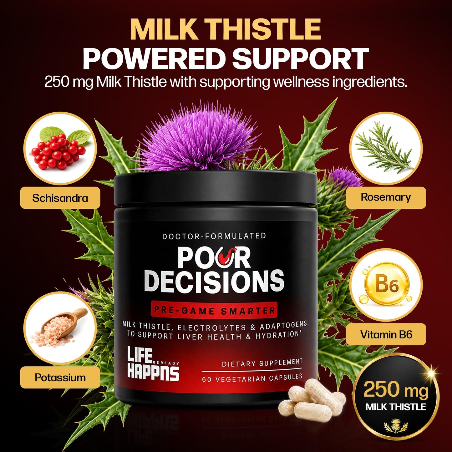 LIFE HAPPNS BE READY Pour Decisions Alcohol Support Supplement for Adults with Milk Thistle, Potassium, Vitamin B6 & Schisandra – Doctor Formulated Next-Day Wellness, Hydration, Liver Health & Antioxidant Support – 60 Capsules