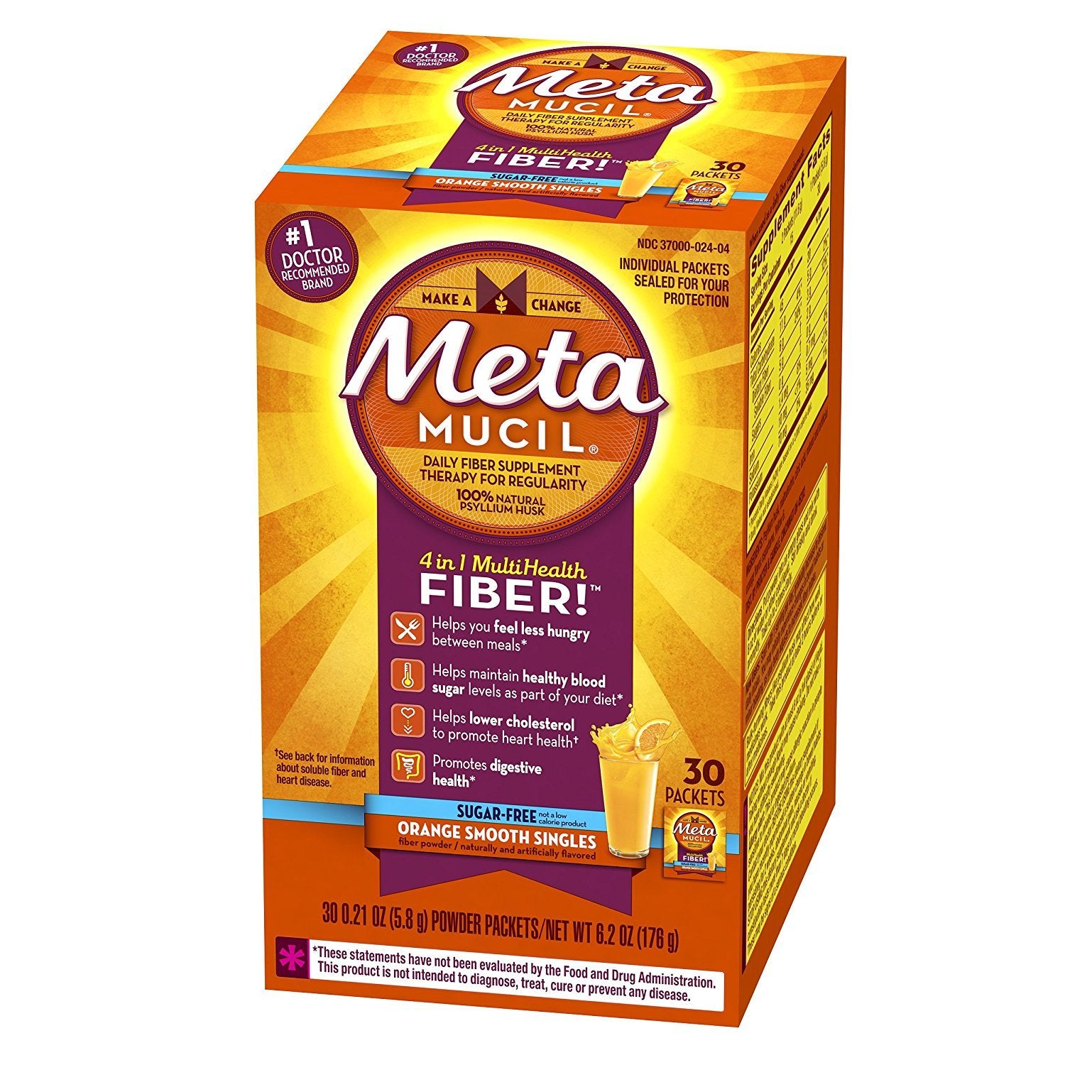 Metamucil Fiber Singles Smooth Texture Sugar Free Orange Powder 6.2
