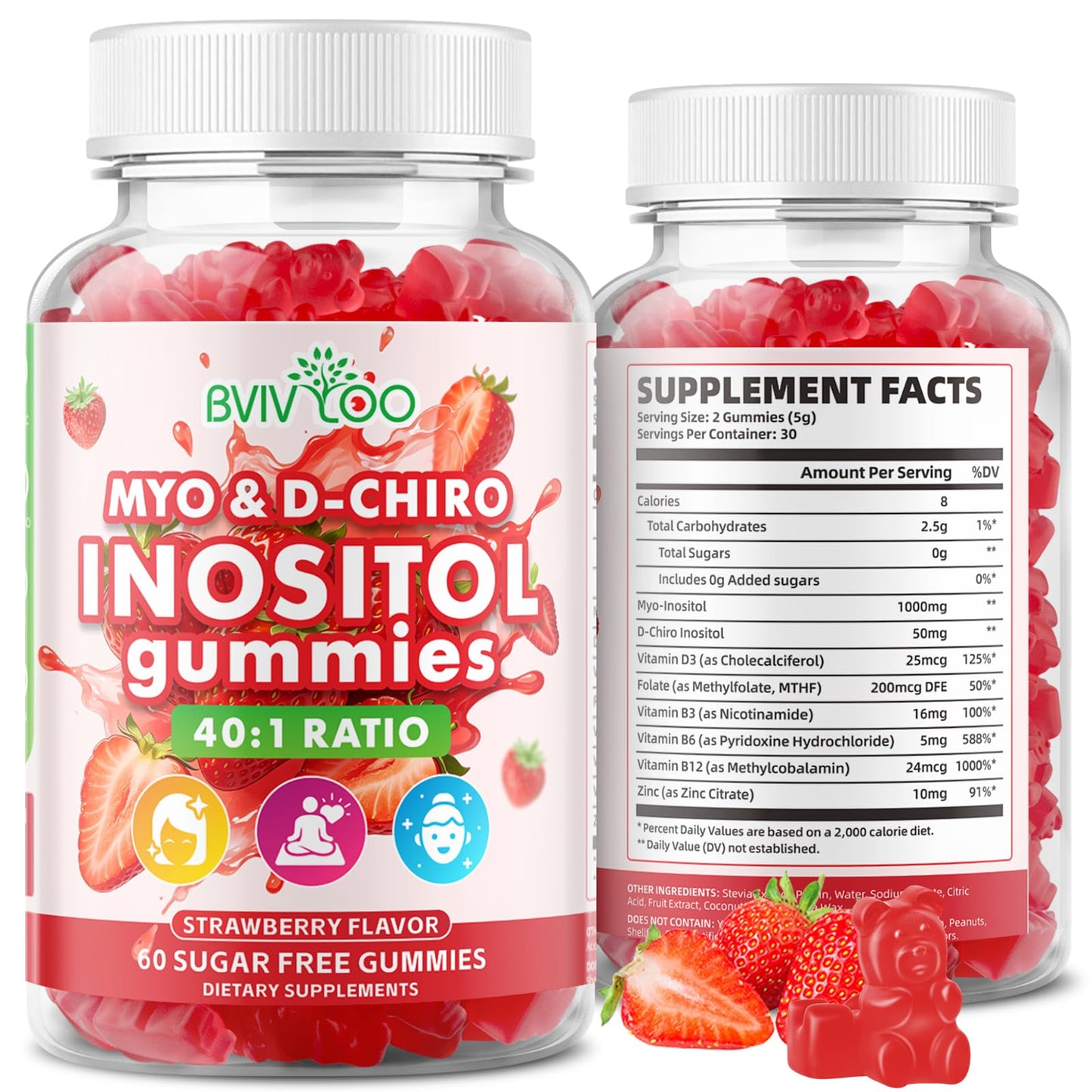 BVIVLOO Myo-Inositol & D-Chiro-Inositol with Vitamin D3, Magnesium Glycinate, Folate & Zinc, Inositol Supplement for Female Health, Sugar Free, Strawberry Flavor, 2 Gummies