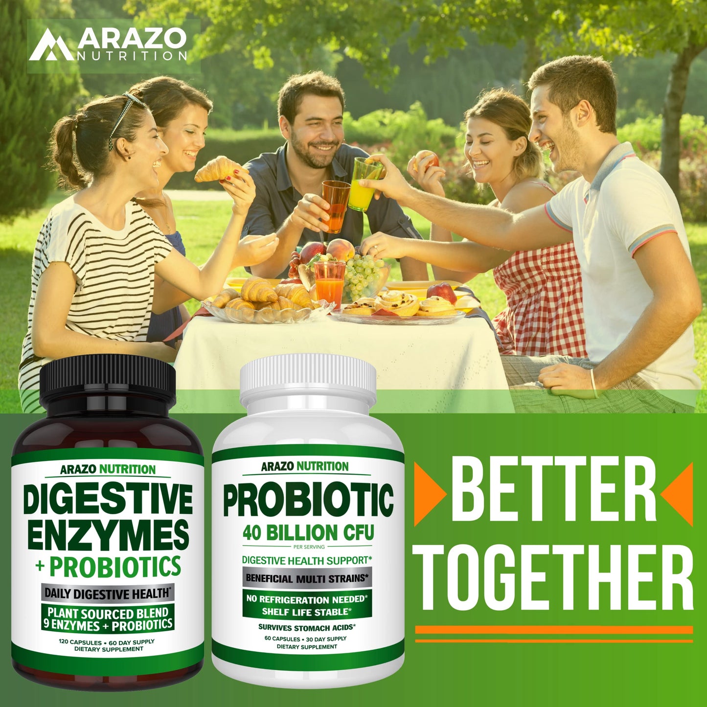 Arazo Nutrition Digestive Enzymes with Probiotics - Multi Enzyme Nutritional Supplement - Acidophilus Bromelain Papaya Papain Lipase & Lactase - Improve Digestion 120 Capsules