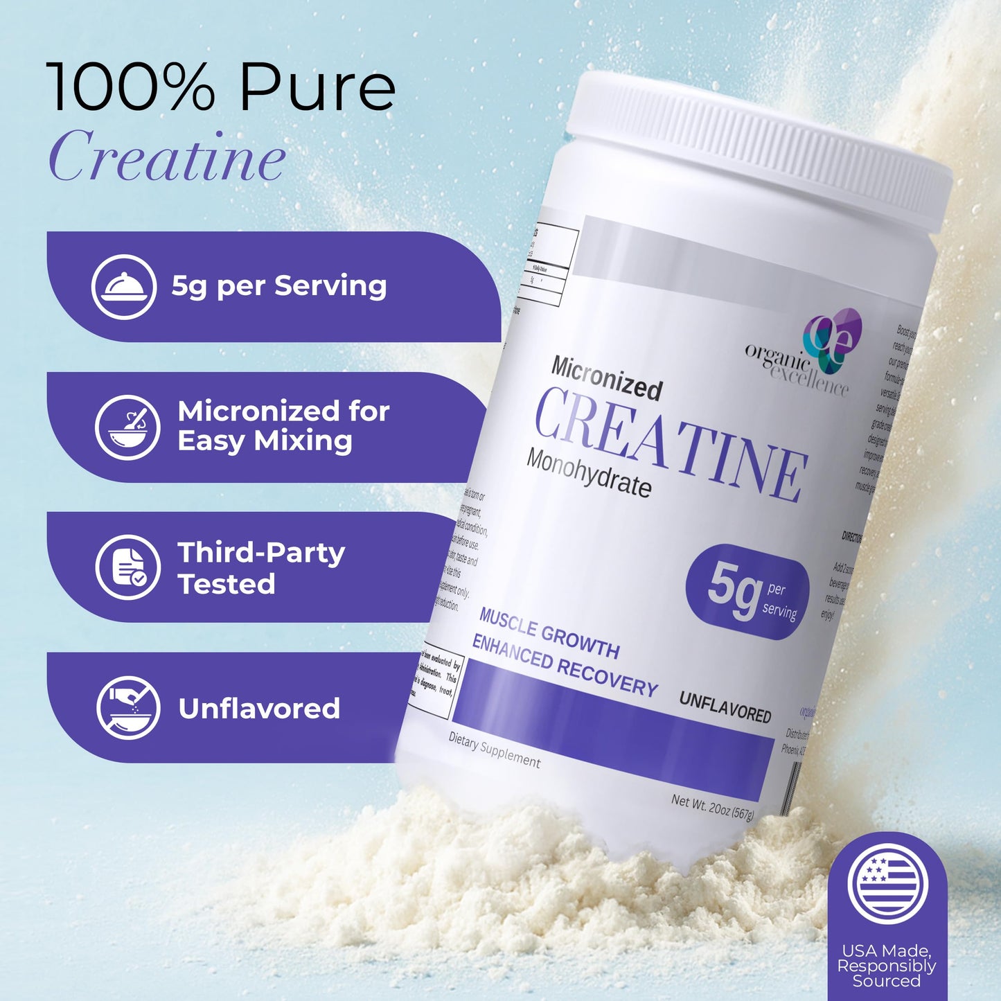 Organic Excellence Creatine Monohydrate Micronized Creatine Powder Unflavored, 0.18 Ounce