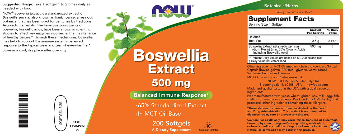 NOW Foods Boswellia Serrata Extract 500 mg Softgels, 200 Count