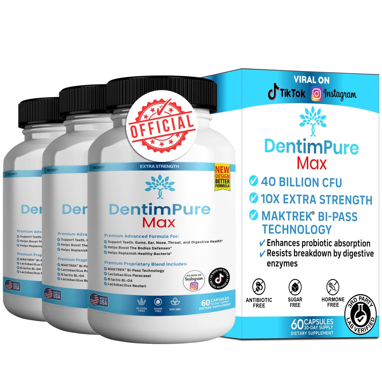 GREENVIFY DentimPure Max Extra Strength Probiotic Supplement with 40 Billion CFU – Supports Teeth, Gums, Ear, Nose, Throat & Digestive Health, 180 Capsules