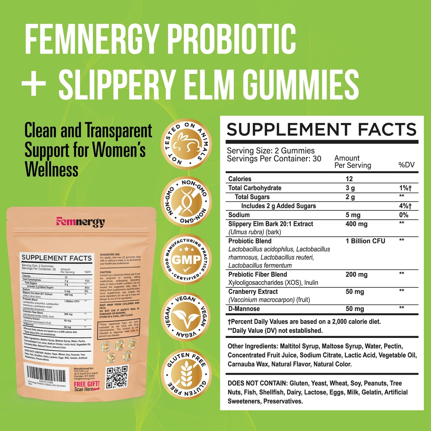Femnergy Feminine Probiotics Slippery Elm Gummies 60 Count