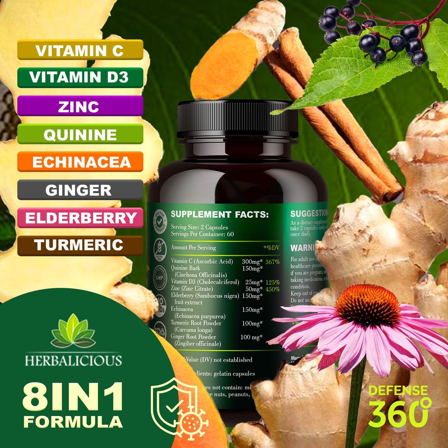 HERBALICIOUS Defence360 Immune Support 8-in-1 Supplement with Vitamin C, D3, Zinc, Elderberry, Echinacea, Turmeric, Ginger & Quinine, Immune Protection, Energy and Vigor, Brain Boost, Stress Relief, 120 Capsules