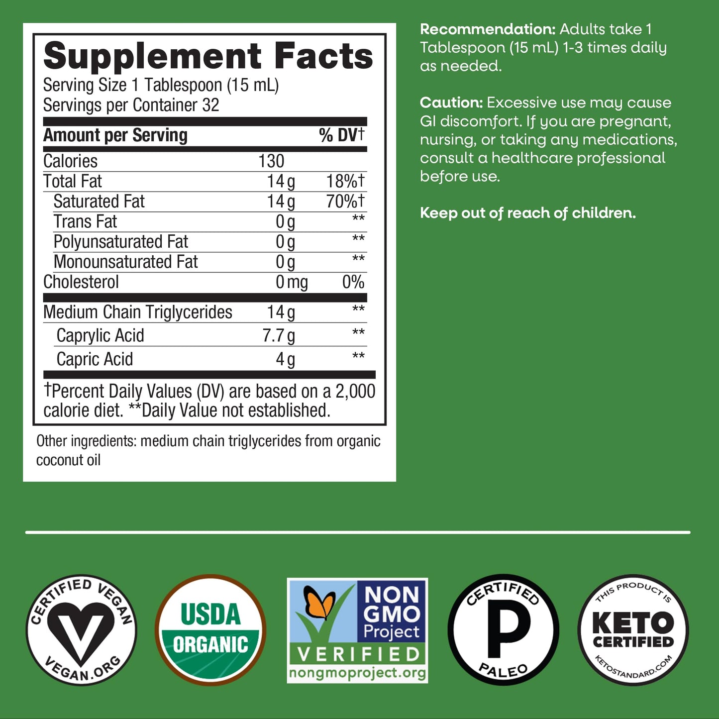 Nature’s Way Organic MCT Oil, Brain and Body Fuel*, Liquid Coconut MCT Oil with C8 Caprylic & C10 Capric Acids, 14 g Medium Chain Triglycerides per Serving, Keto & Paleo Certified, Non-GMO, 16 Fl Oz