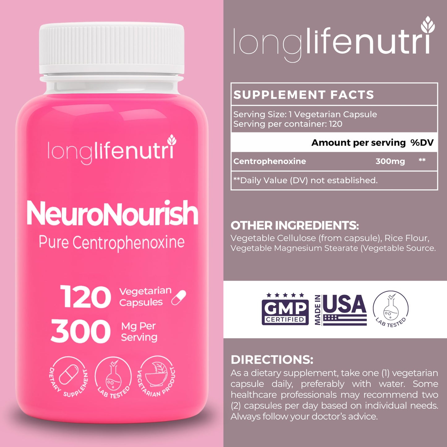 LongLifeNutri Pregnenolone 100 mg + Centrophenoxine 300 mg Bundle, Vegetarian Capsules, 300 Count