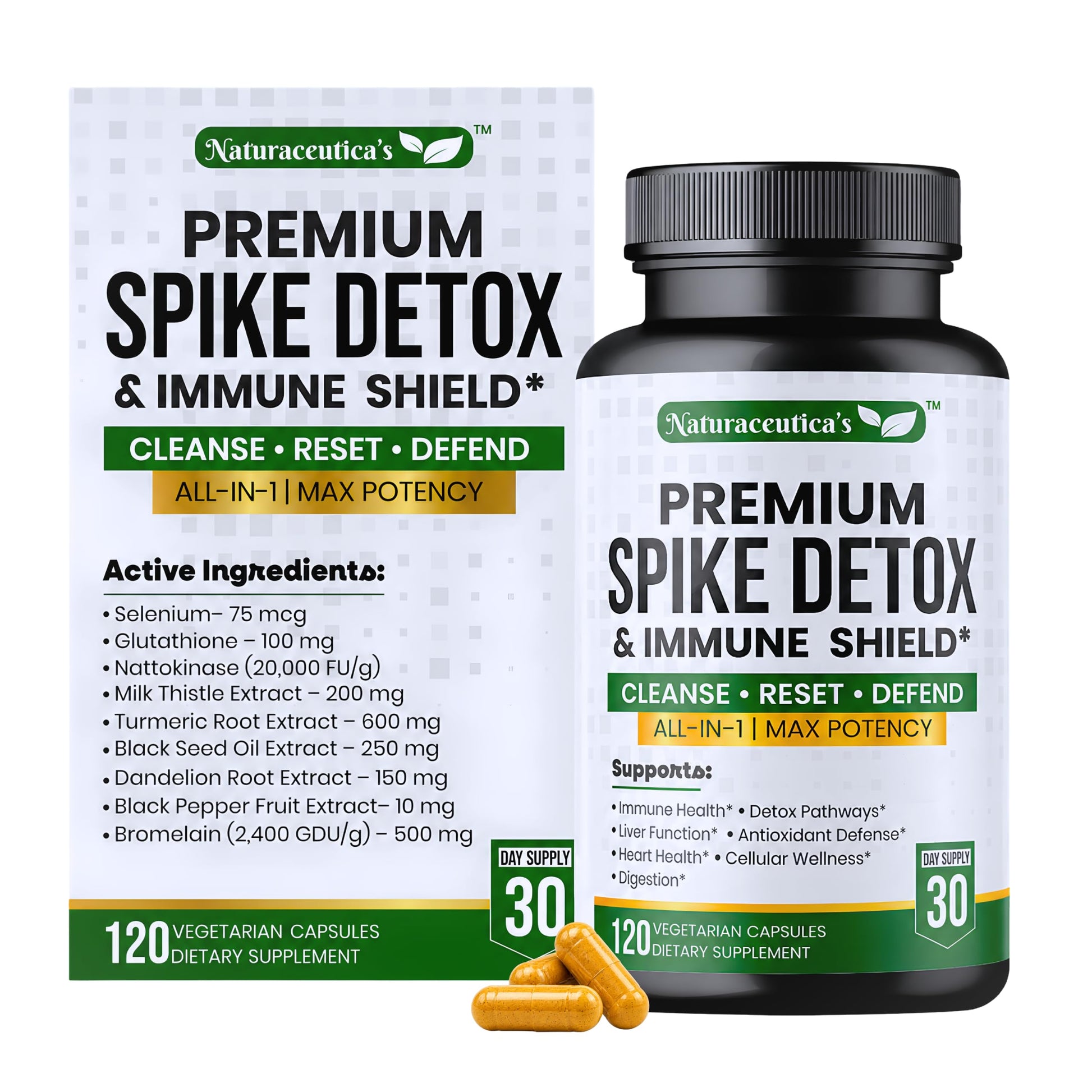 Naturaceutica's Premium Spike Protein Detox Wellness Formula – 8X Potency Nattokinase, Bromelain, Curcumin, Milk Thistle for Spike Support, Antioxidant & Immune Support, Liver & Heart Health Capsules 120