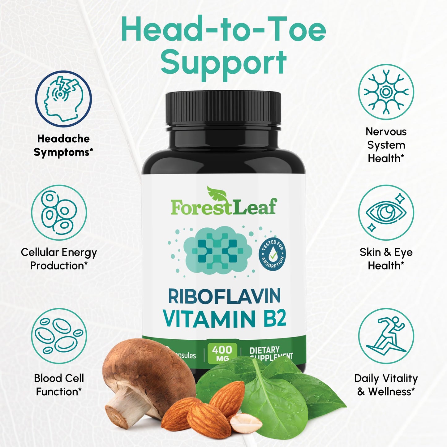 ForestLeaf Vitamin B2 Riboflavin 400mg Capsules, 90 Count