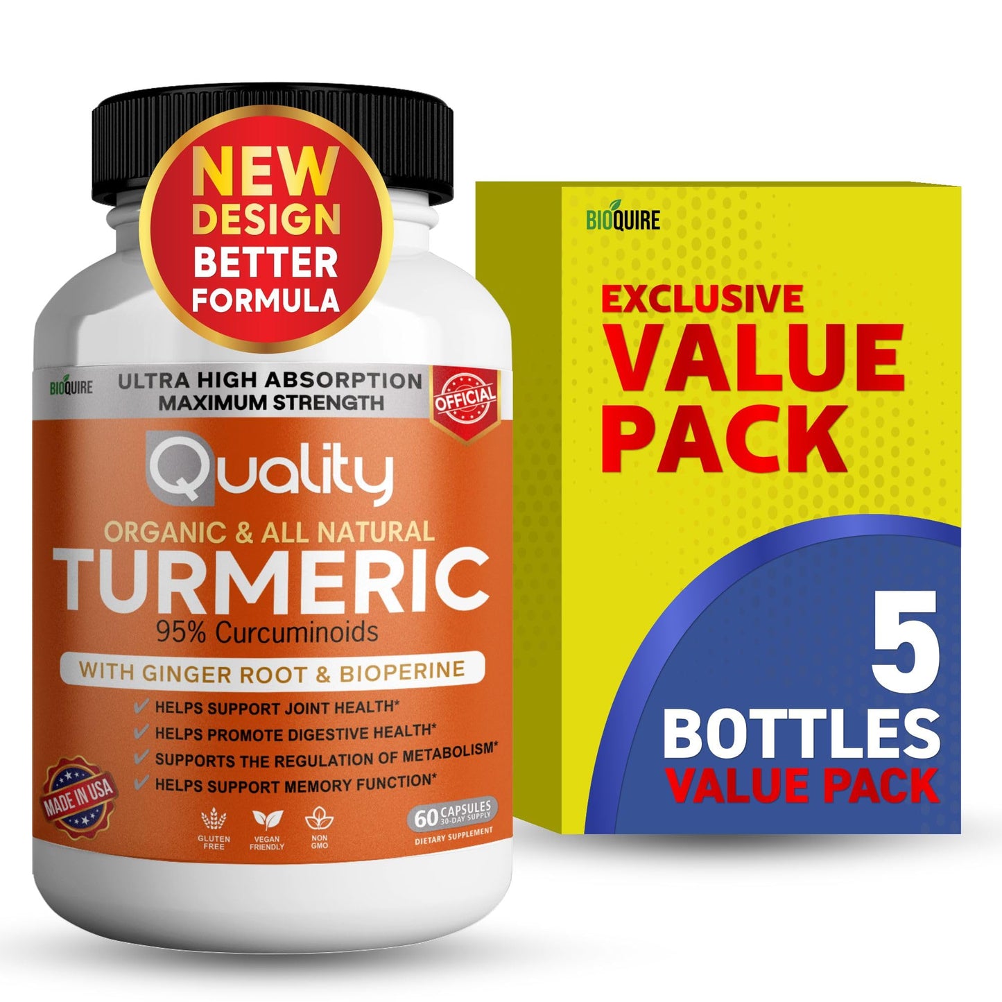 BIOQUIRE Organic Turmeric Capsules with Ginger Root and BioPerine, 95% Curcuminoids, 500mg, 60 Veggie Capsules