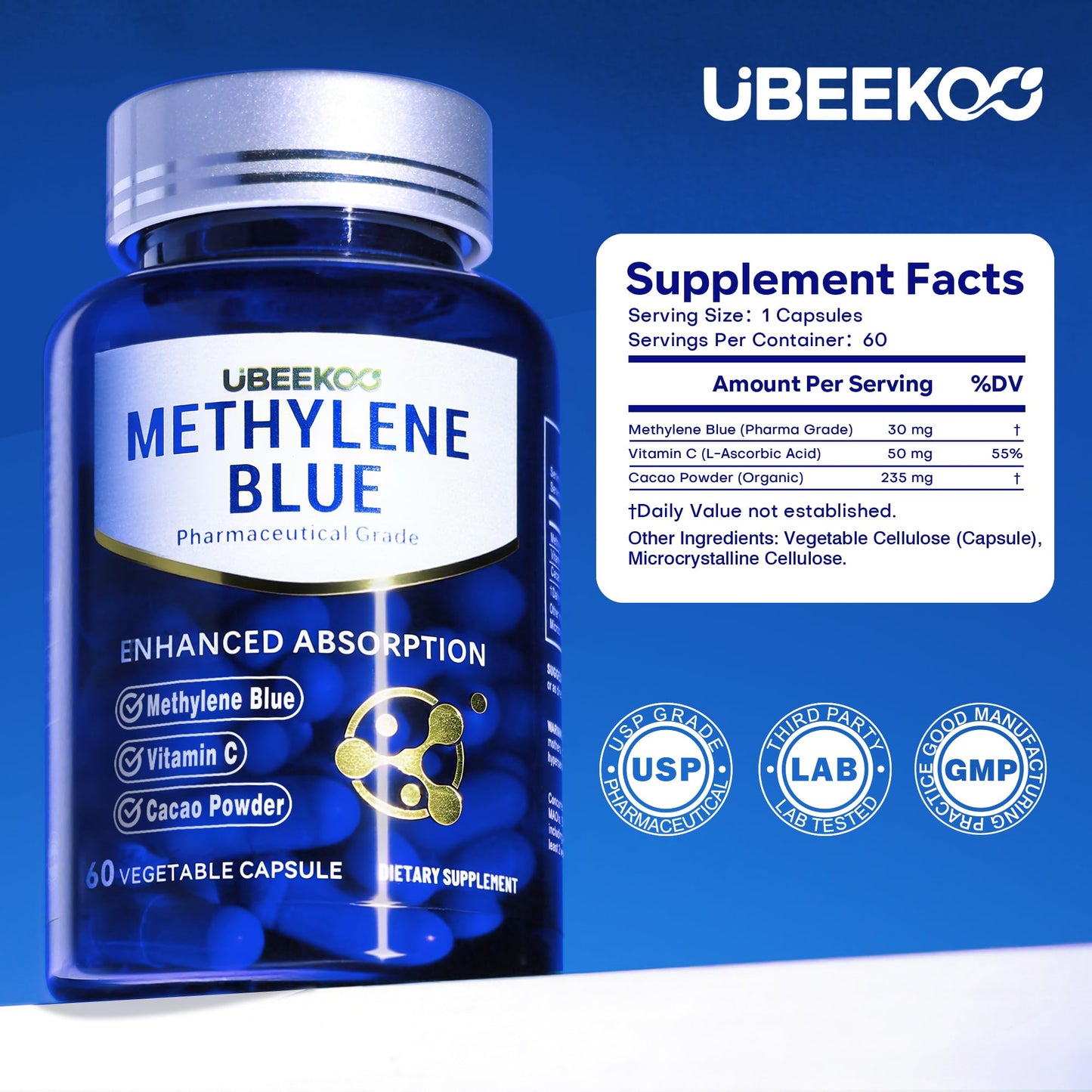 UBEEKOO Methylene Blue 30mg Capsules, 60 Count