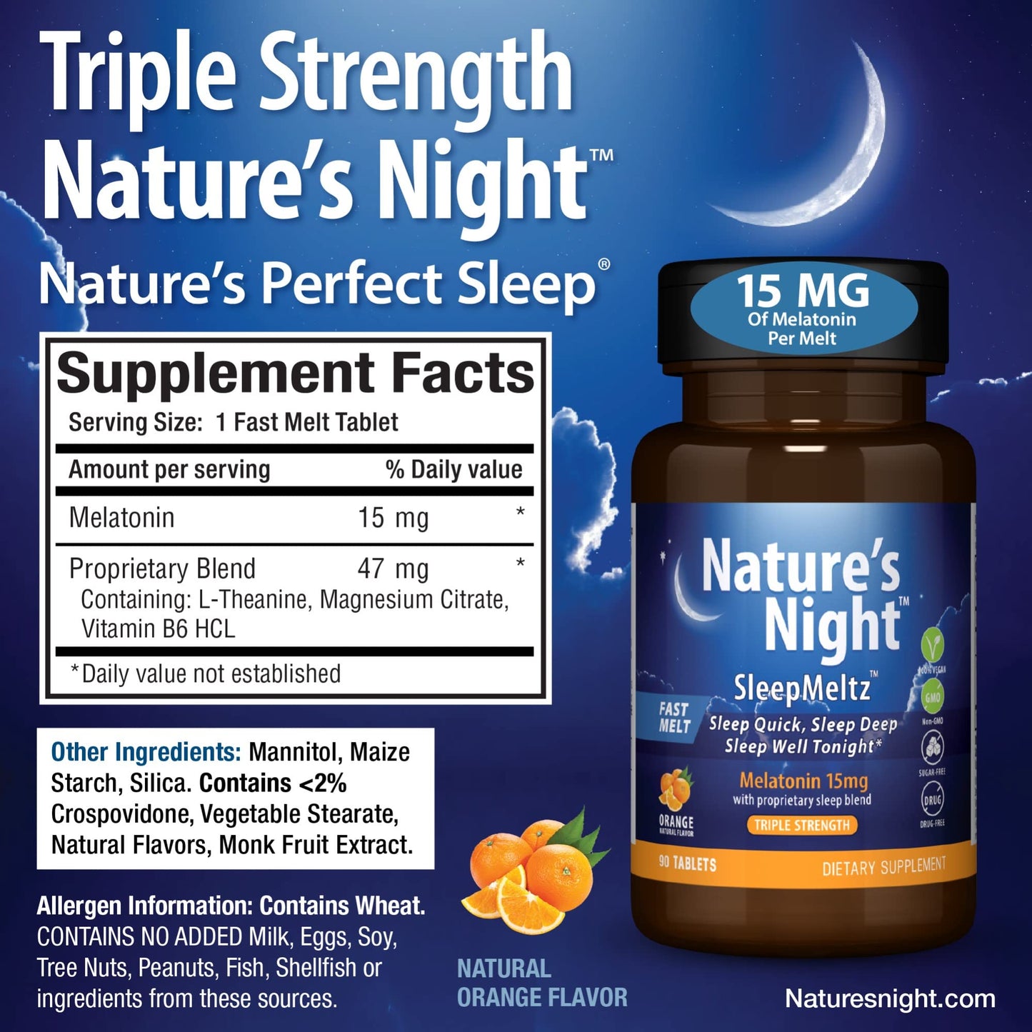 Nature's Night Triple Strength Quick Dissolve Melatonin 15mg with Supportive Blend Fast Dissolve Tablet, 90 Count