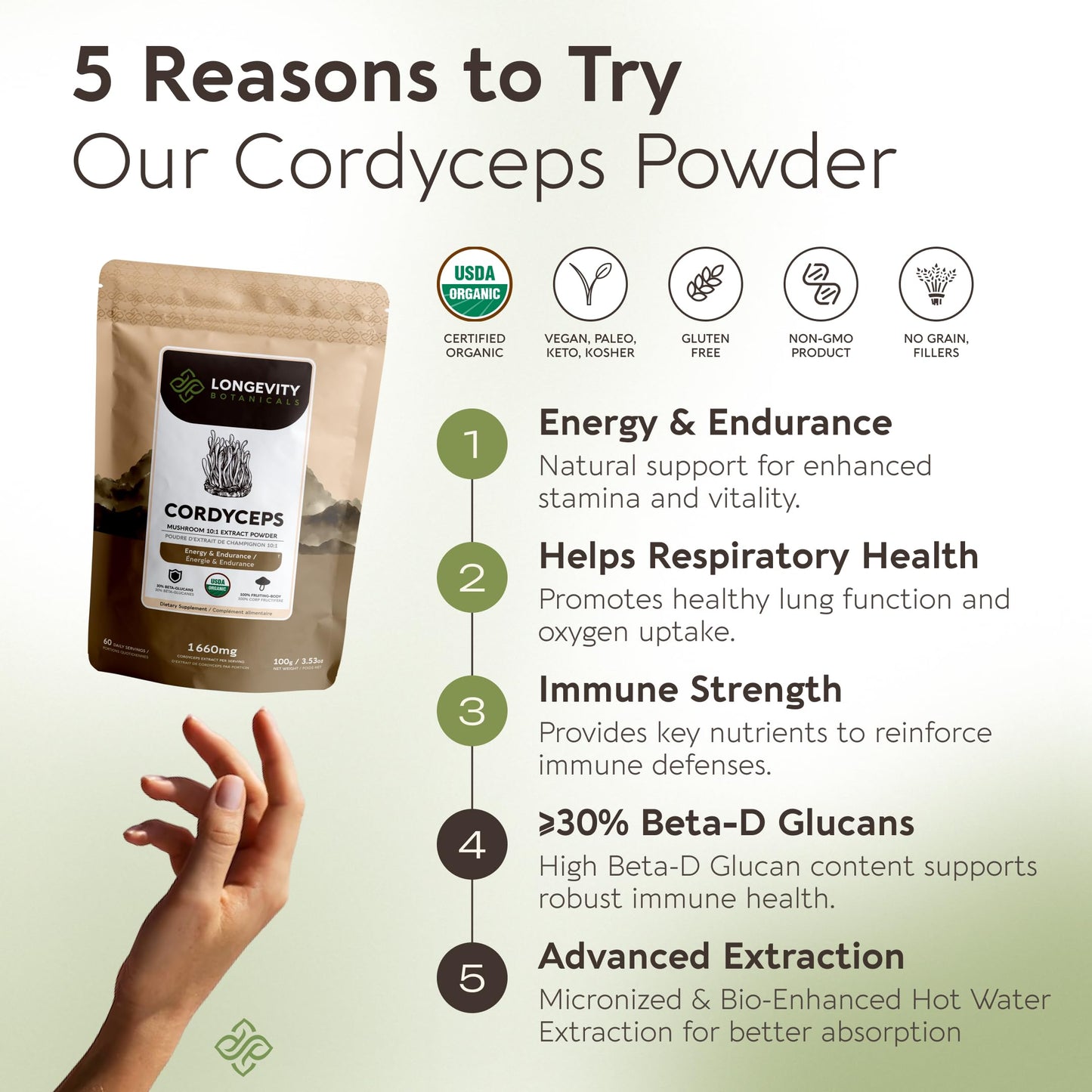 Longevity Botanicals Organic Cordyceps Mushroom Powder Supplement Extract Cordyceps Militaris Fruiting Body, ≥30% Beta-D-Glucans, 3.53 oz