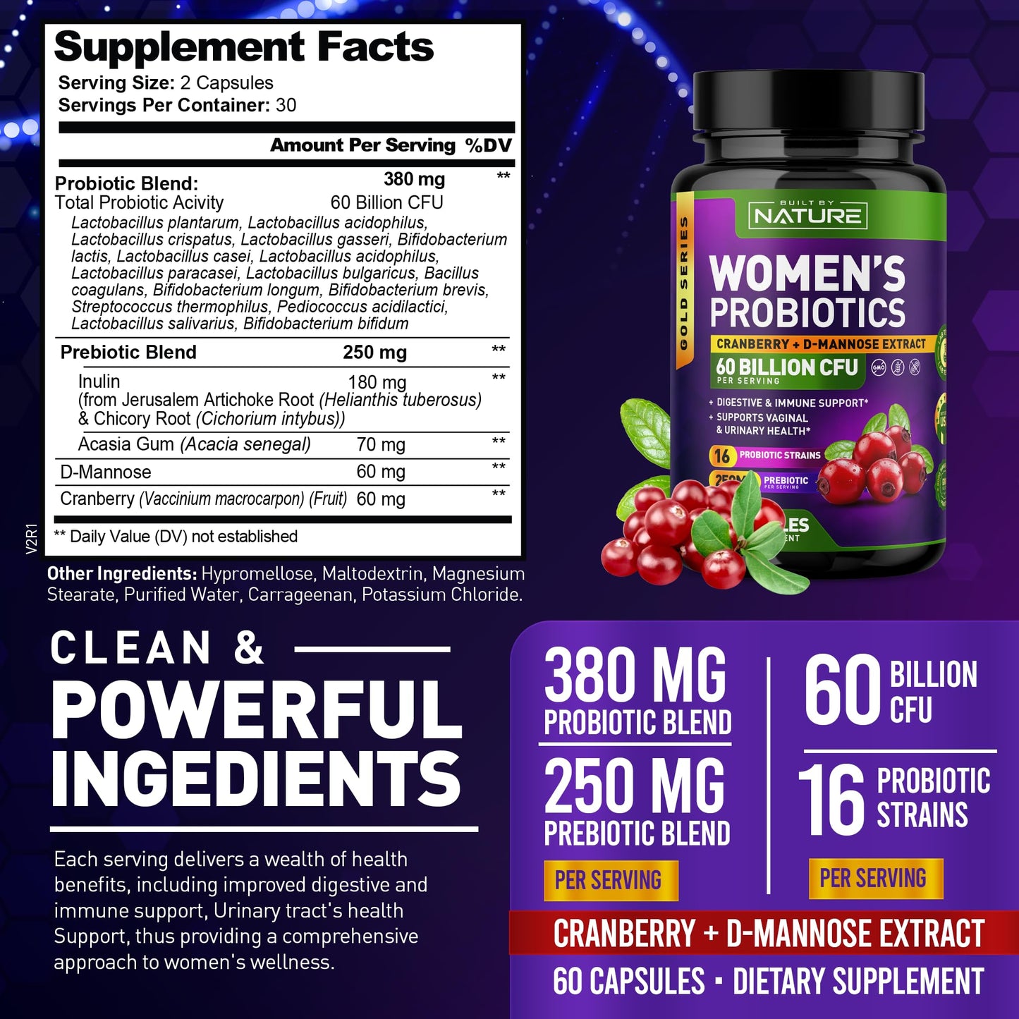 Built by Nature Probiotics for Women 60 Billion CFUs, 16 Strains, with Cranberry, D-Mannose & Prebiotics, 60 Veggie Capsules
