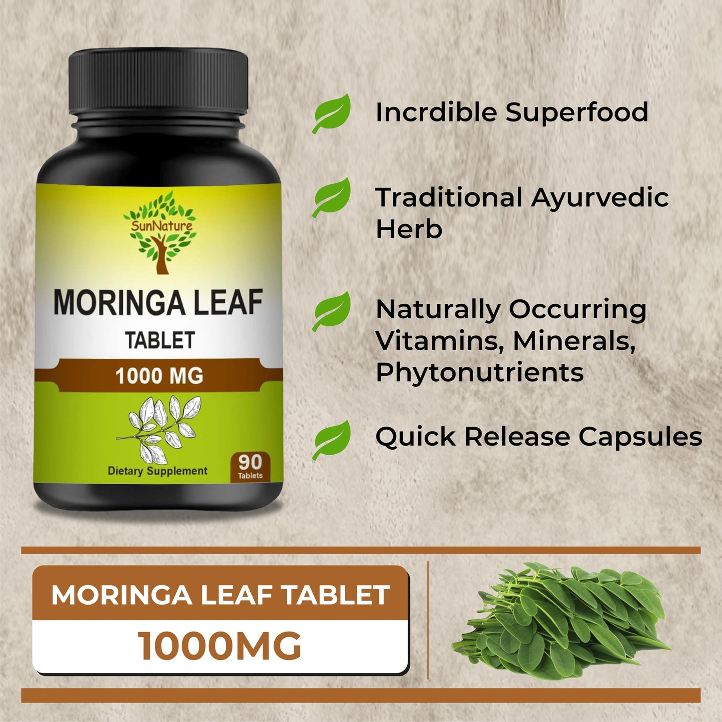 SunNature Moringa Leaf Tablets 1000 mg, 90 Tablets