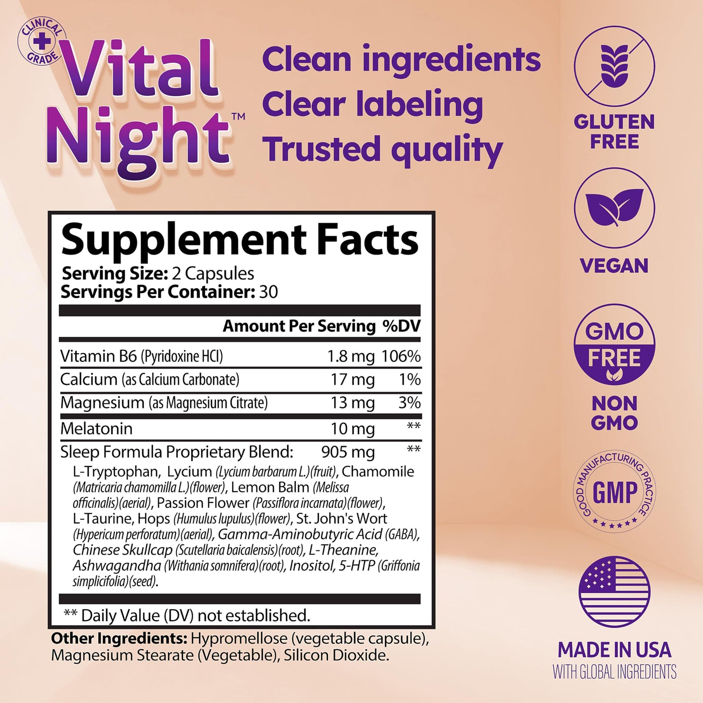 Vital Origin Vital Night Natural Sleep Aid for Adults - Sleep, Relaxation & Mood Support, 60 Capsules