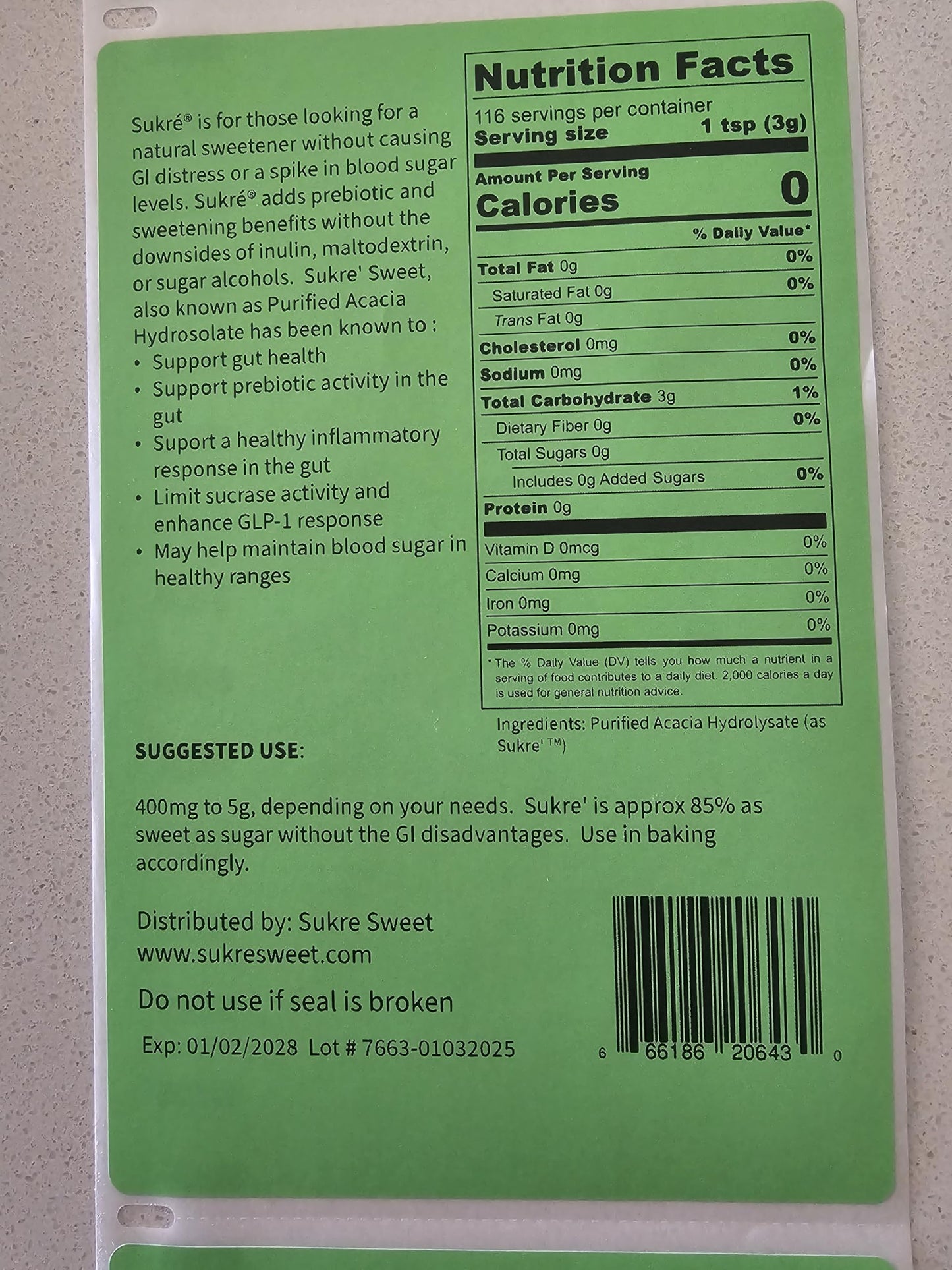Sukre' Sweet Prebiotic Sweetener Powder - Purified Acacia Hydrolysate (as Sukre') 10