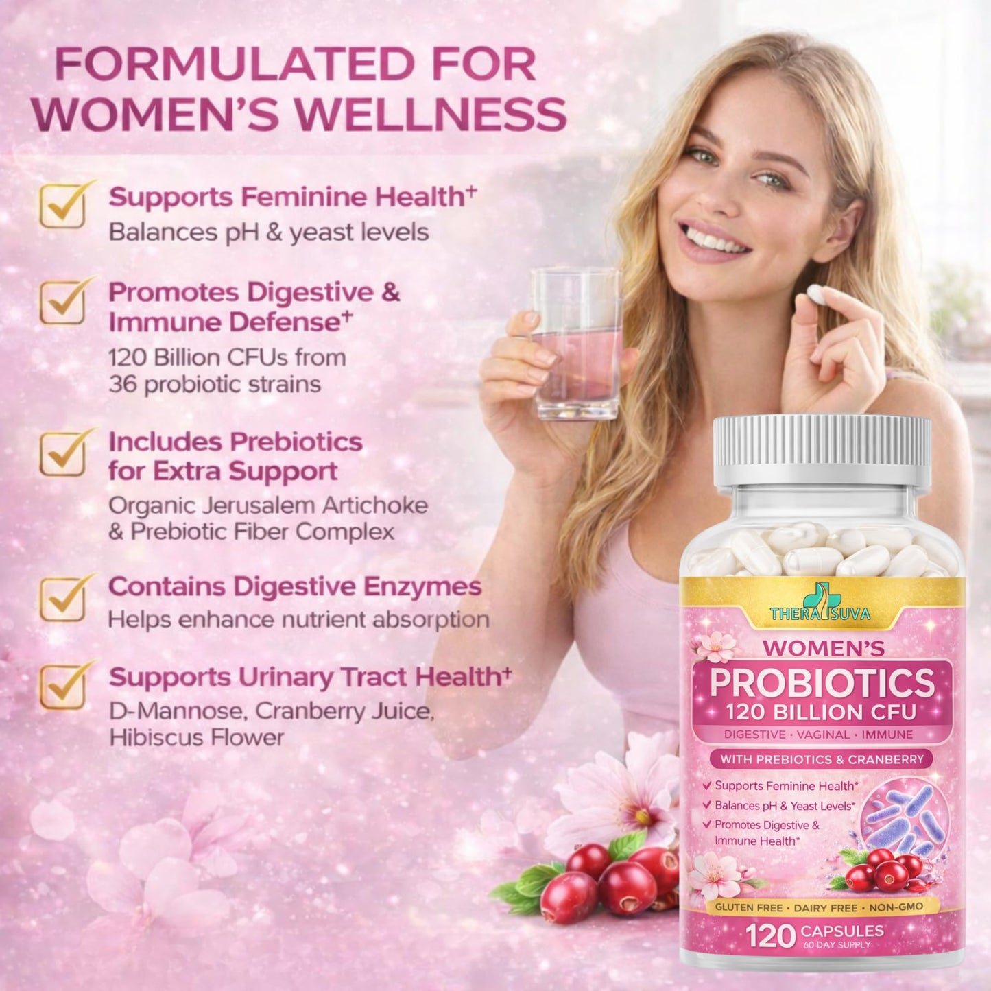 TheraSuva Women’s Advanced Probiotics 120 Billion CFU (36 Strains) with Prebiotics, Enzymes & Cranberry Softgels 120 Count