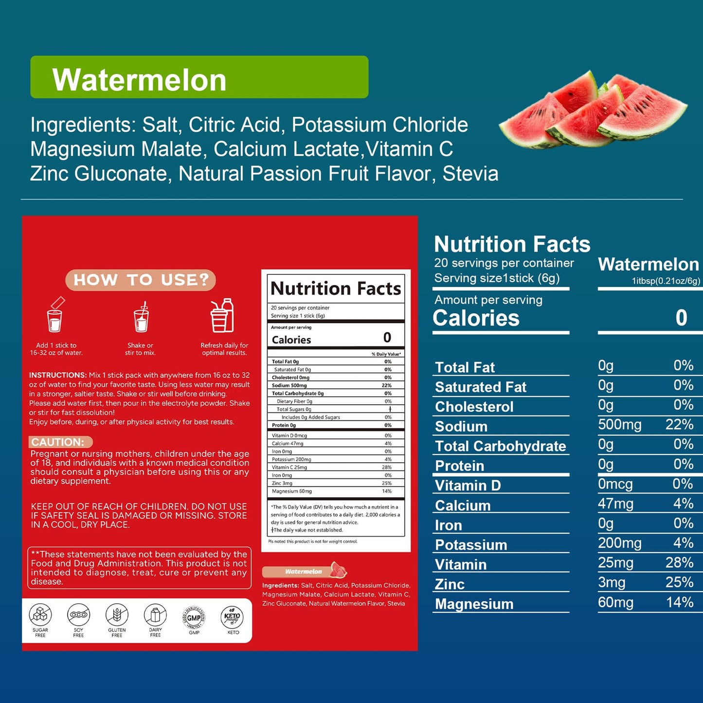 PowerH2O+ Watermelon Electrolytes Powder, 20 Sticks