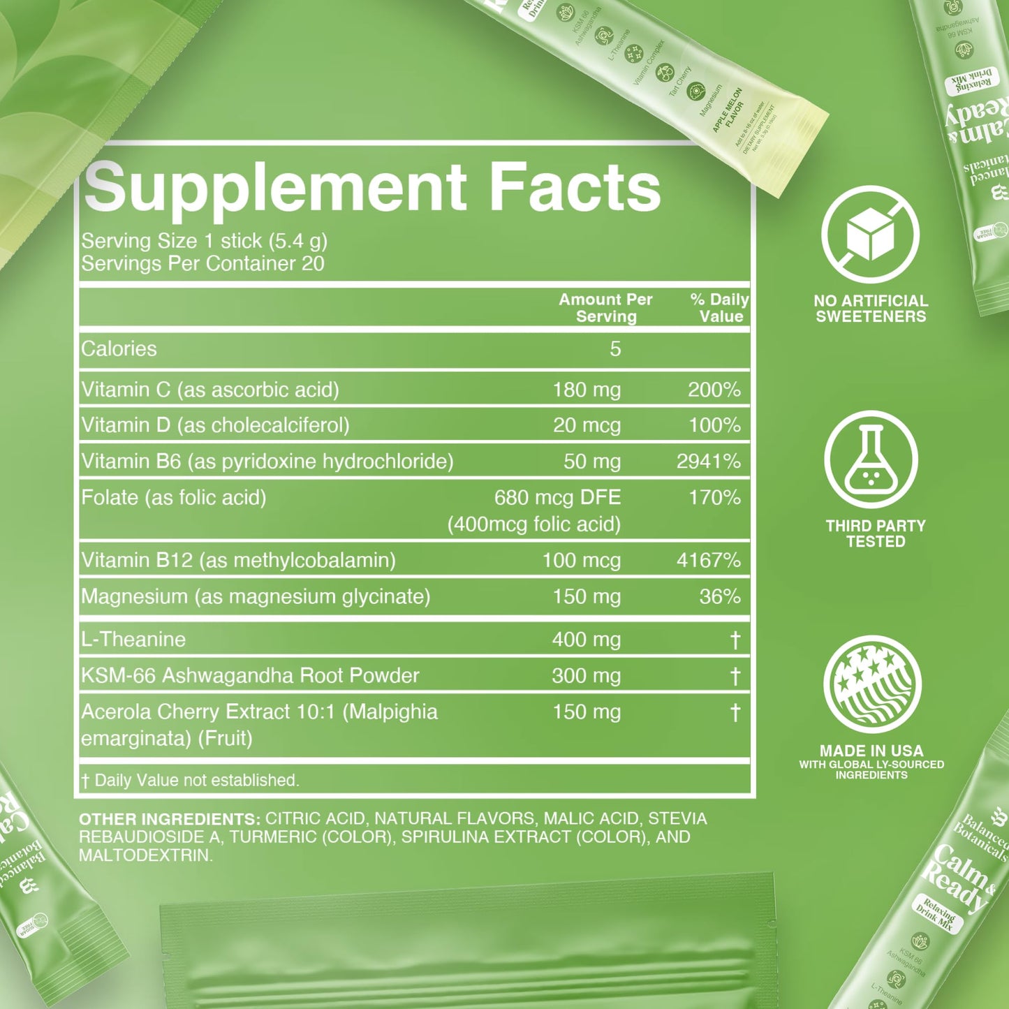 Balanced Botanicals Calm and Ready Powder Mix, Cortisol Reducer*, Sleep & Relaxation Aid, Magnesium Glycinate, Ashwagandha KSM-66, L-Theanine, Tart Cherry, Sugar Free, 20 Packets