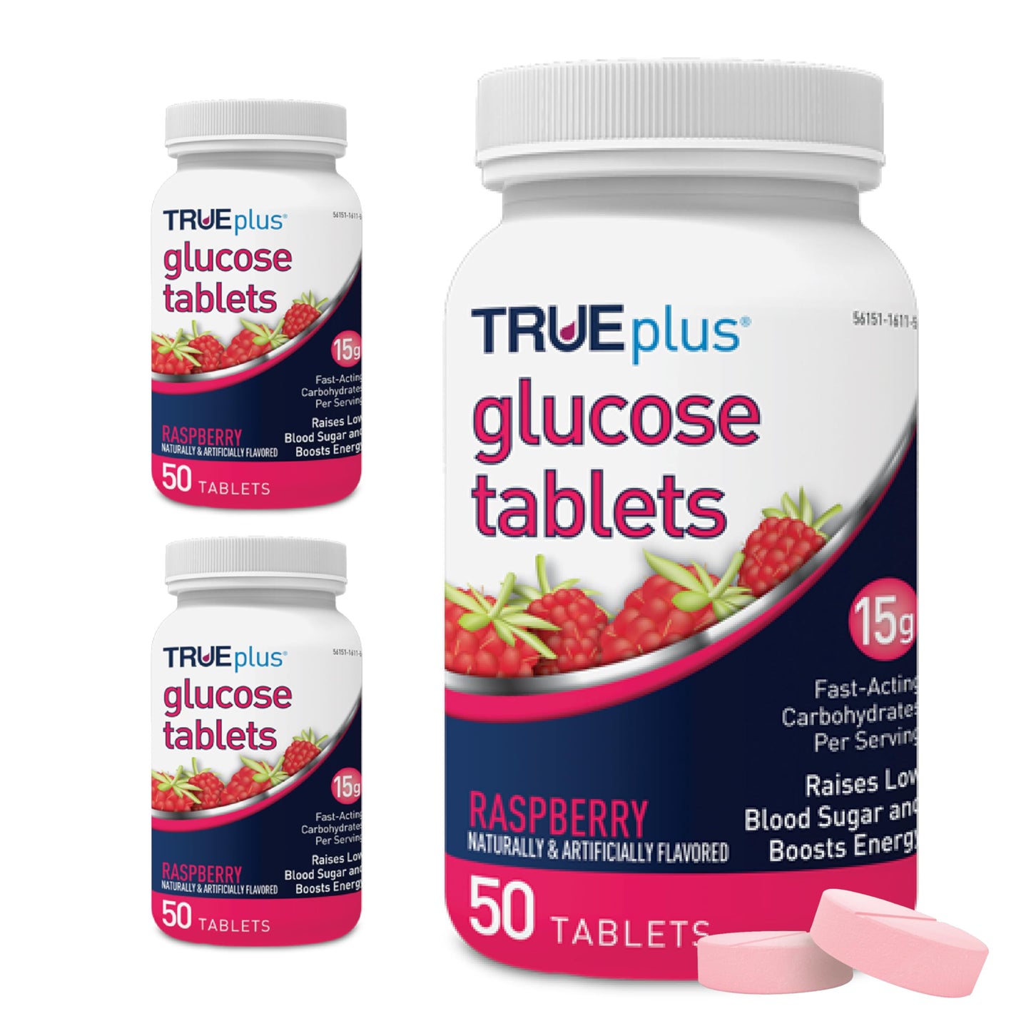 TRUEplus Glucose Tablets, Chewable, Raspberry Flavor, 150 Tablets