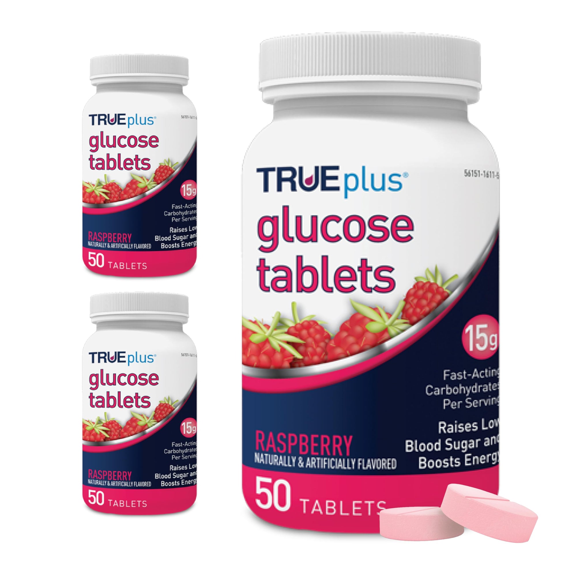 TRUEplus Glucose Tablets, Chewable, Raspberry Flavor, 150 Tablets