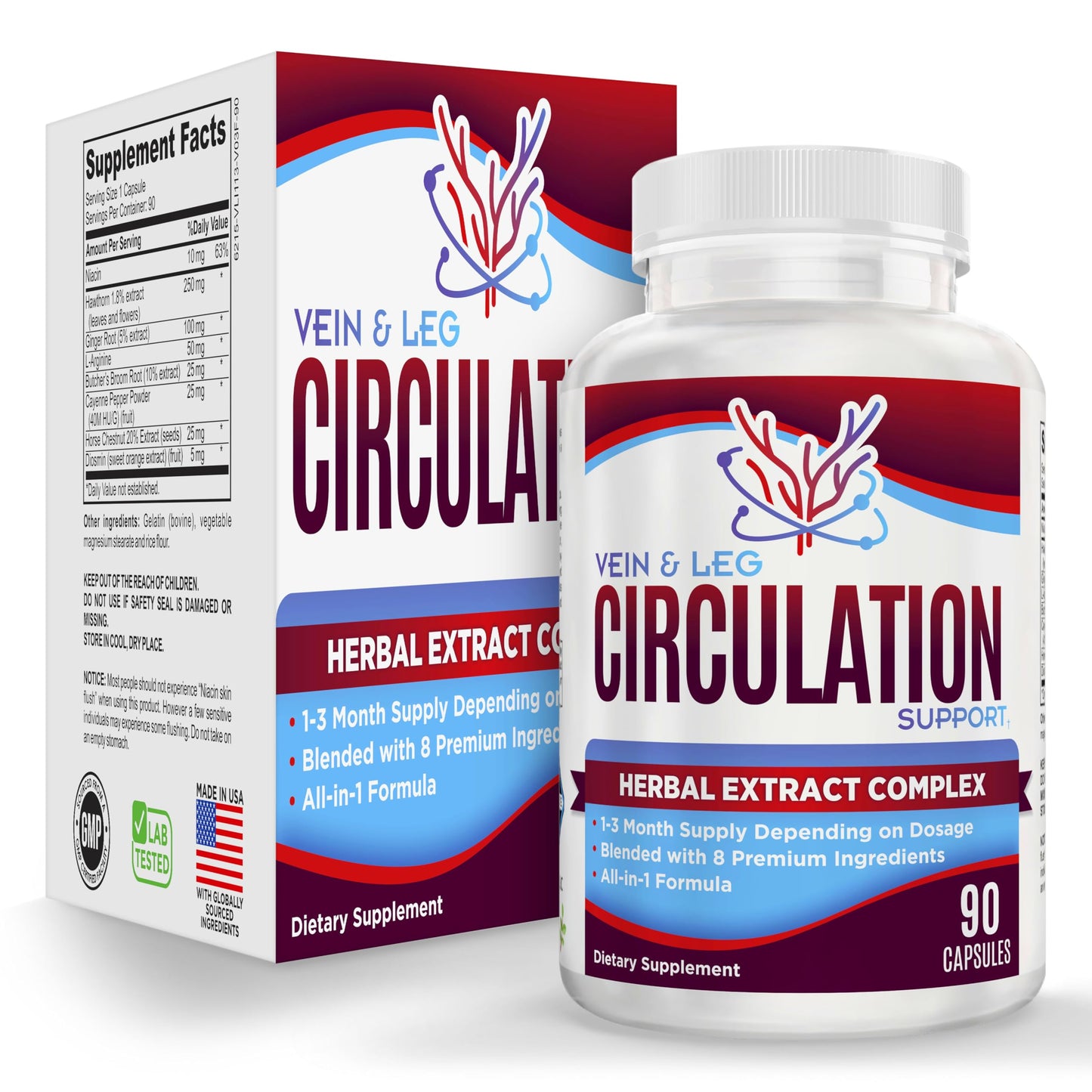Elevate Recovery Supplements Vein + Leg Circulation Supplement 8-in-1 Formula Capsule, 90 Capsules