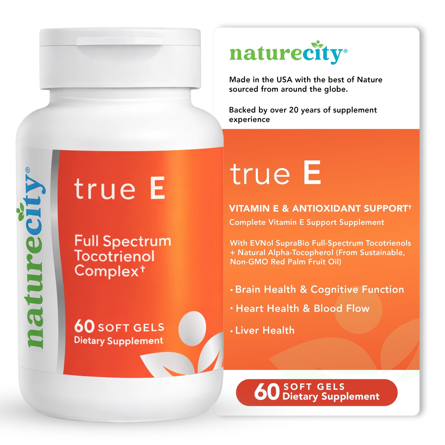 NatureCity True-E Full Spectrum Tocotrienols Vitamin E & Natural Alpha Tocopherol Supplement Softgels 60