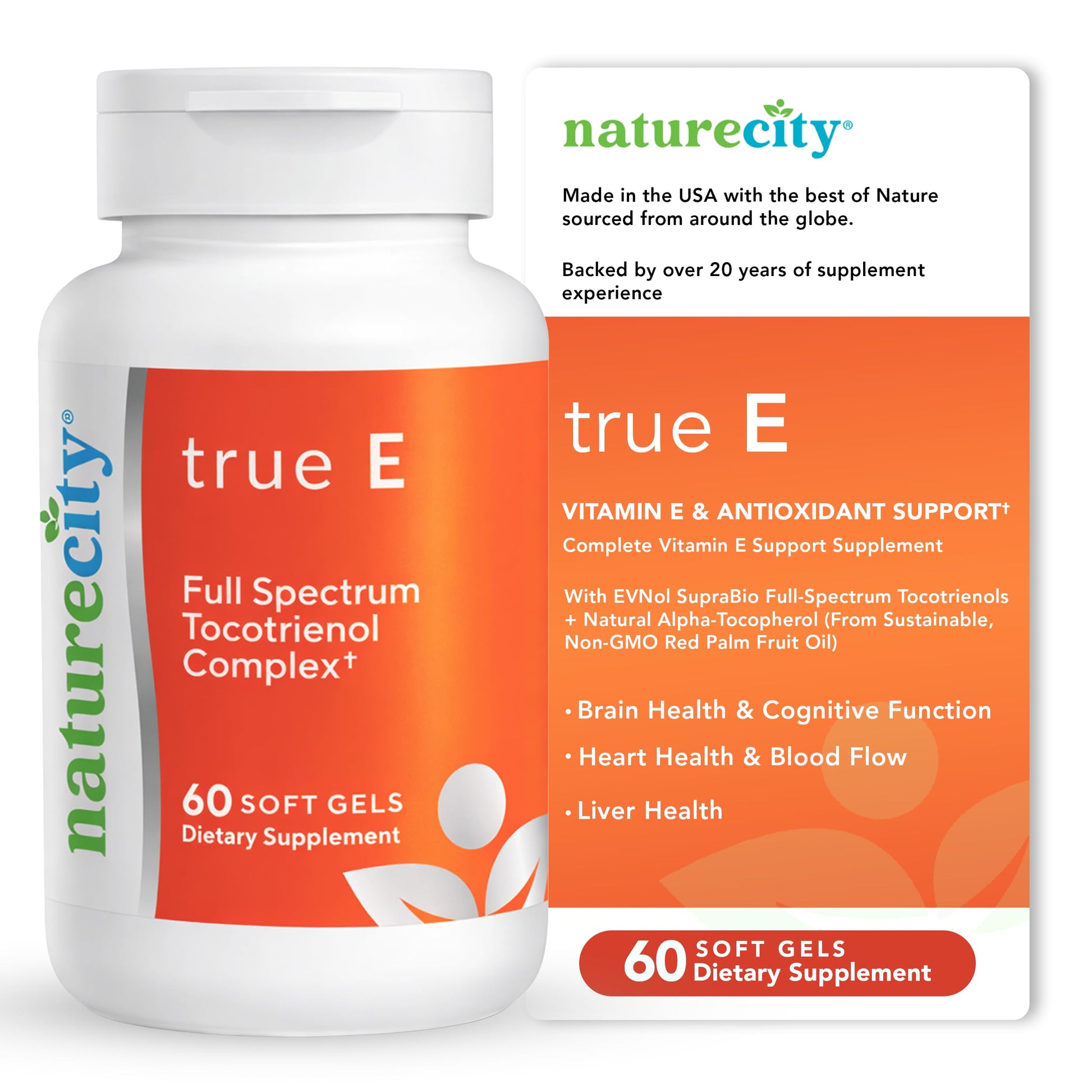 NatureCity True-E Full Spectrum Tocotrienols Vitamin E & Natural Alpha Tocopherol Supplement Softgels 60