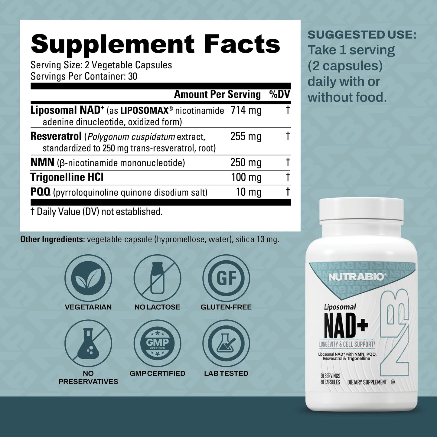 NutraBio Liposomal NAD+ Supplement with Resveratrol, NMN & PQQ, 60 Capsules