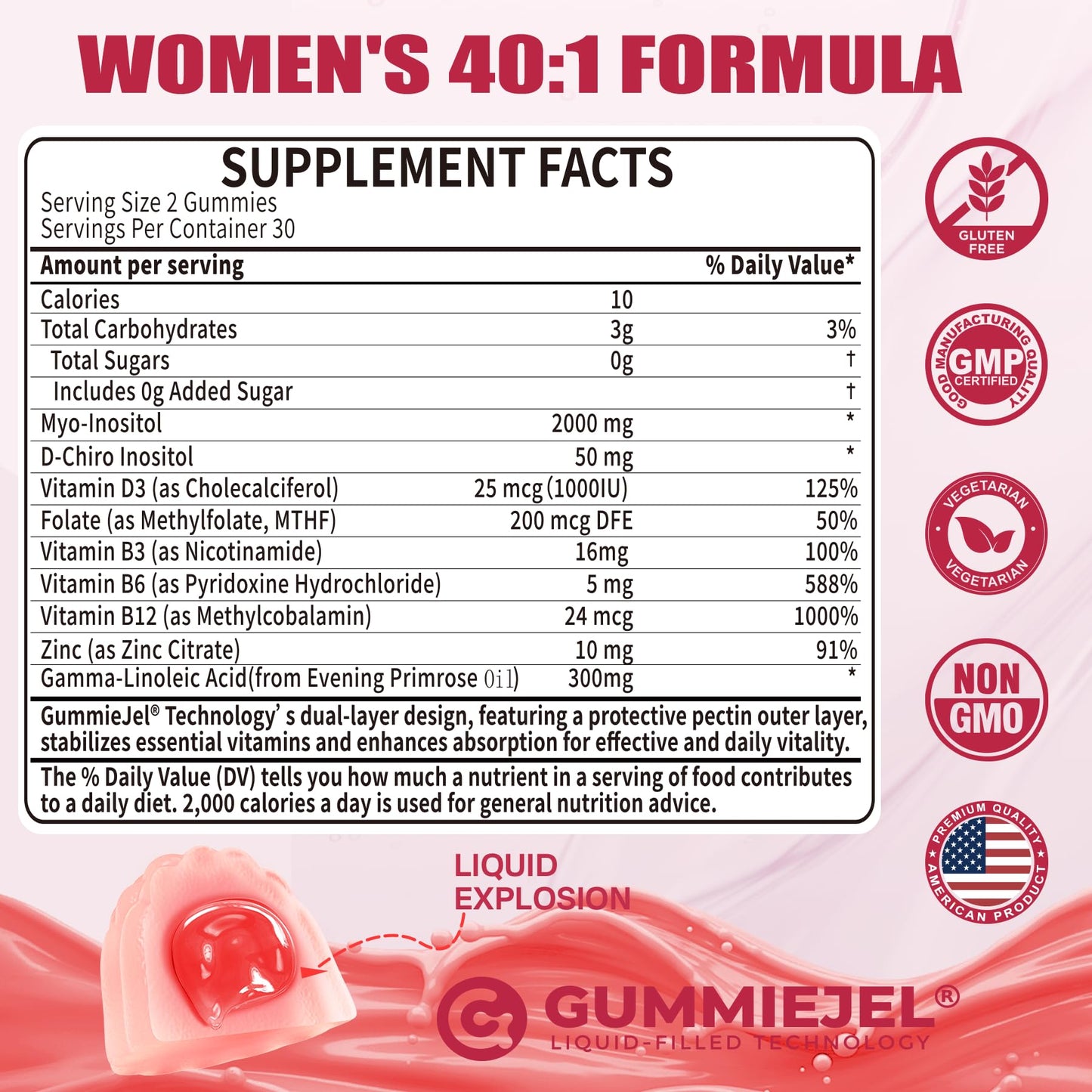 Nextdia Inositol Filled Gummies for Women, 40:1 Ratio Myo-Inositol 2000mg & D-Chiro Inositol 50mg + Evening Primrose Oil
