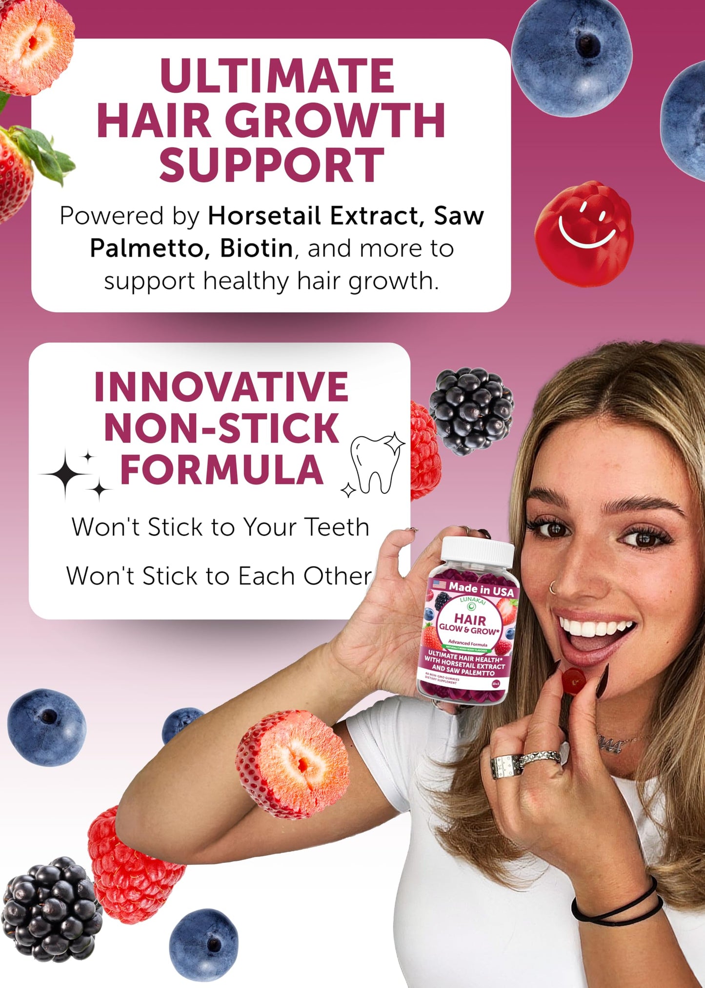 Lunakai USA Made Super Hair Gummies with Biotin, Zinc, Horsetail Extract & Saw Palmetto - Hair Growth Vitamins for Women & Men – Supports Thicker, Longer, Stronger Tresses, Skin & Nails, 180 Gummies