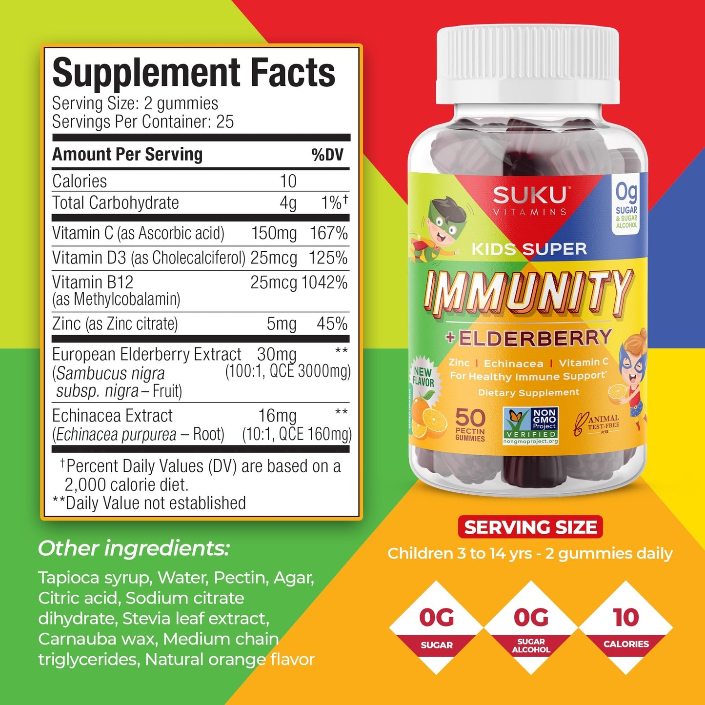 SUKU Gummy Vitamins - Kids Super Immunity Elderberry, Echinacea, Vitamin A and Zinc - 50 Count