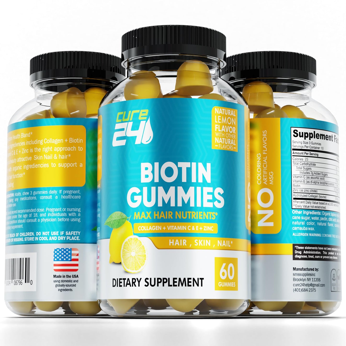 Cure24 Biotin Gummies with Vitamin C, E, Collagen, and Zinc, 60 Count