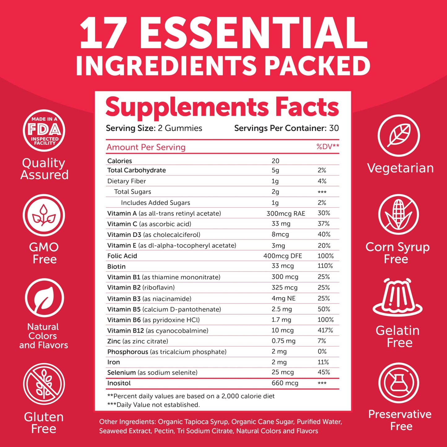 Lunakai USA Made 17-in-1 Prenatal Vitamins and Biotin Gummies, 120 Gummies