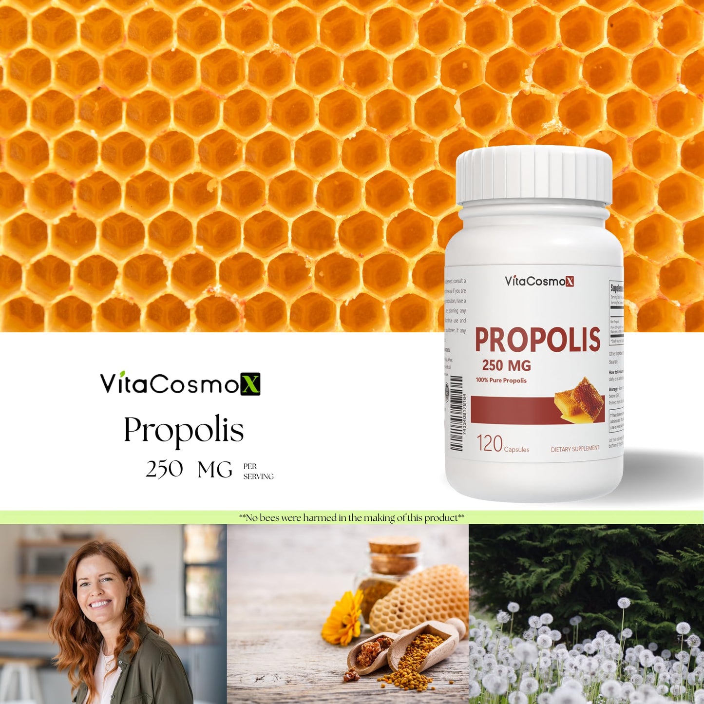 VitaCosmoX Bee Propolis Capsules 250mg, 120 Count