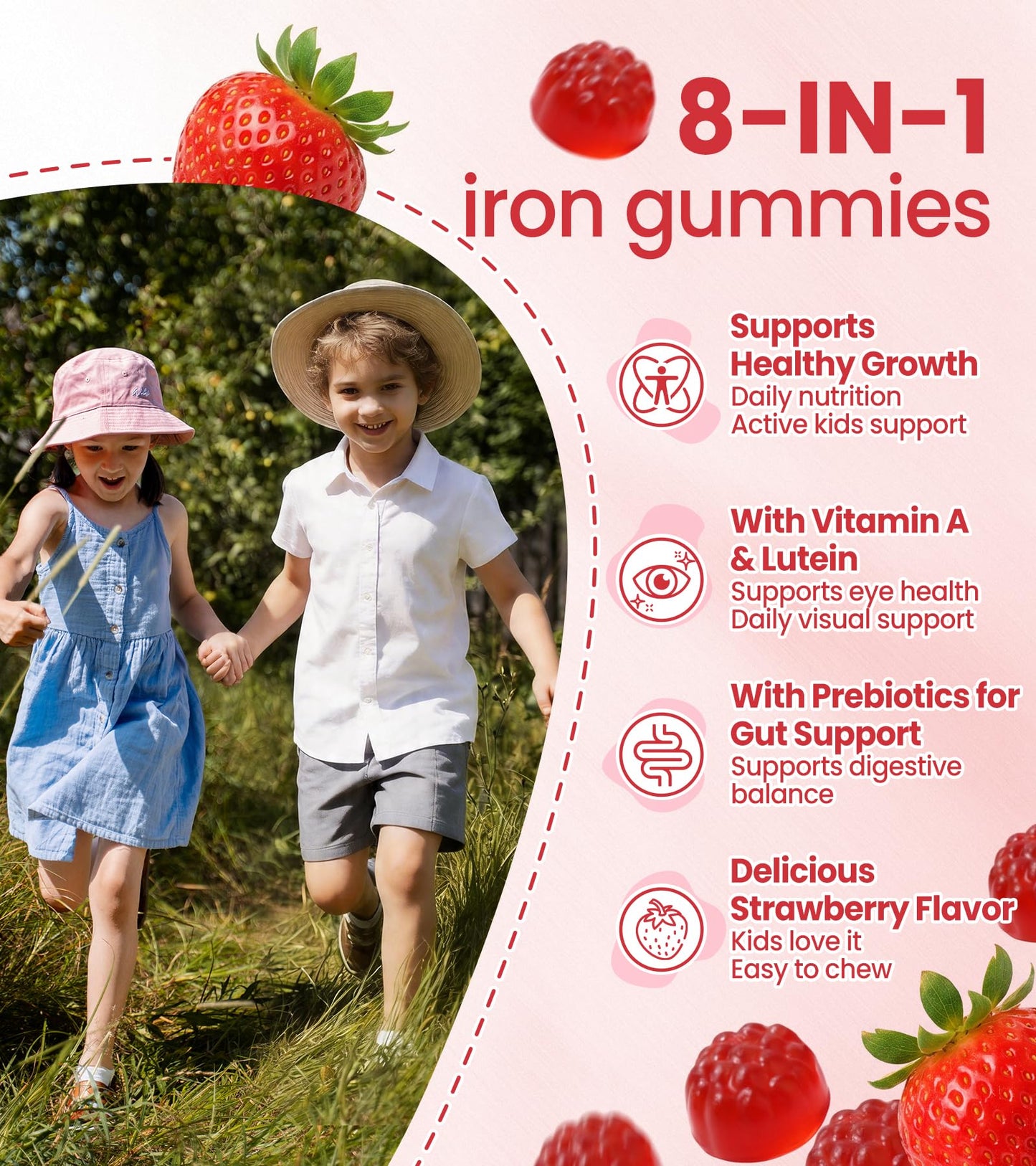 Yheso Kids Iron Capsules 20 mg with Vitamin A, C, B6 & Lutein – Sugar Free Children’s Multivitamin for Daily Nutrition – Strawberry Flavor, 120 Capsules