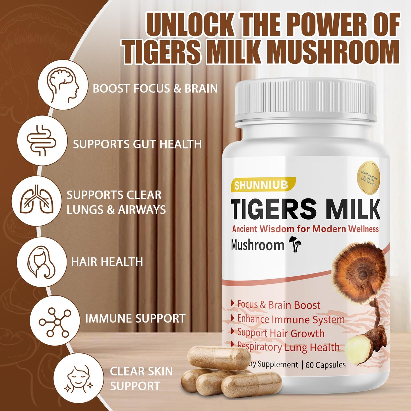 SHUNNIUB Tiger Milk Mushroom Supplement Capsules, 60 Capsules