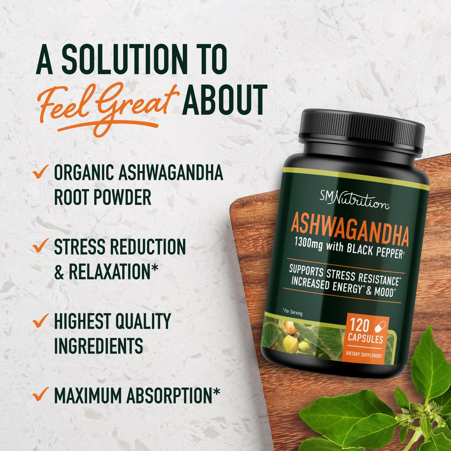 SMNutrition Ashwagandha Supplement 1300mg, Stress Resistance & Energy, High Absorption Capsule, 120 Capsules