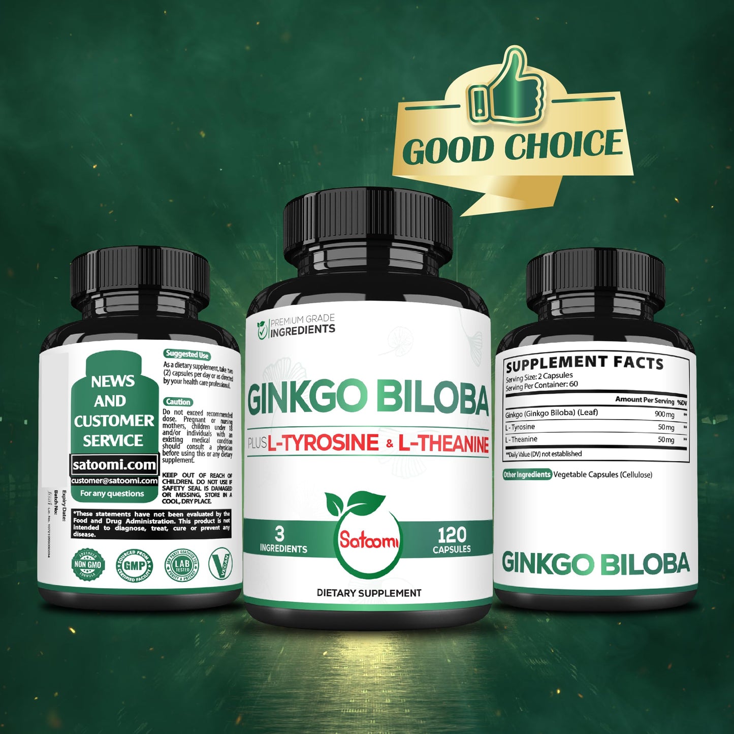 Satoomi 1000mg Ginkgo Biloba Supplements with L-Tyrosine, L-Theanine, 120 Capsules